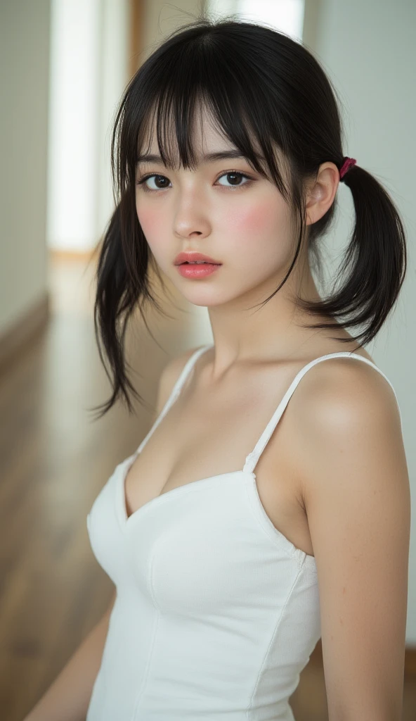 Best Quality, Illustration, Ultra-detailed, finely detail, hight resolution, 8K Wallpaper, Perfect dynamic composition, Beautiful detailed eyes、17 years old girl、kawaii faces、Eyes that reflect light、Seductive eyes、Bright smile、Looking at the camera、Crystal clear white skin、beutiful breast、Beautiful valley、big butts、thin-waist、face lights、Rim Lights、 Medium long hair ,, T-shirt with visible cleavage、(very short mini skirt)), lying sideways in bed、Posing yourself for a photo、Knee-deep angle、medium-full shot
