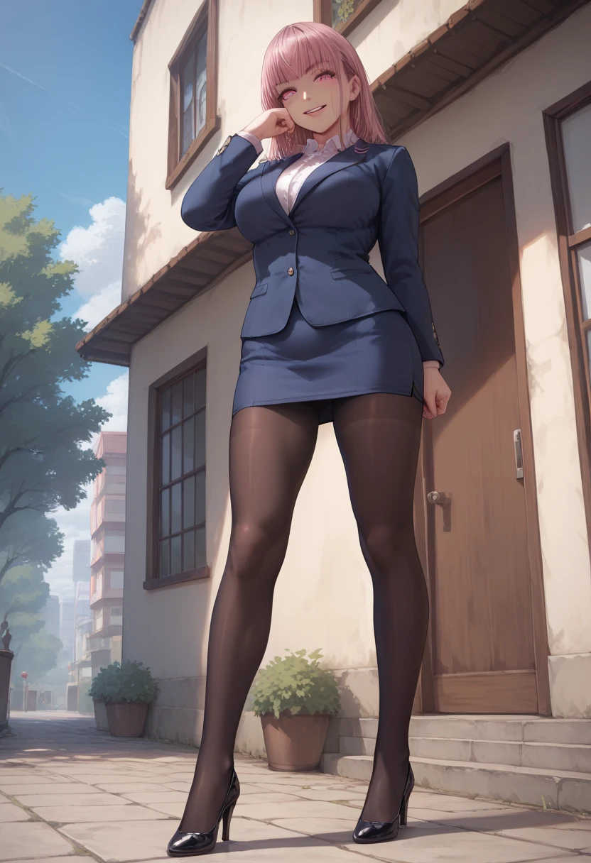 2d, masterpiece, best quality, anime, highly detailed, 1girl, solo, monika, green eyes, very long hair, ponytail, school uniform, straight-on, smile, (full body:1.5), giantess, smile, (from below:1.5), thick thighs, looking down at viewer, upskirt, (large breasts:1.3), field, (looming:1.3), mature female, high quality, hd quality, masterpiece, photorealistic, (presenting foot, shoe soles, close-up foot:1.3), intense angle, :d, (Sitting on Building:1.6), very low angle, female pervert, toragao, (sitting:1.5), (white undershirt, orange sweater:1.2), (brown jacket:1.4), (absolute territory, black thighhighs:1.4), (uwabaki:1.5), full body in frame, (GTSCity, buildings, city:1.3), blue skirt, (hand on building:2), (one hand at side:1.6), (licking lips, licking own lips:1.1), (sweat:1.2), anime girl sitting on a building with her legs crossed, hyperrealistic schoolgirl, realistic schoolgirl, a hyperrealistic schoolgirl, seductive anime girl, smooth anime cg art, thighs close up, thighs!!!, beautiful anime girl squatting, commission for high res, large thighs, extremely detailed artgerm, sitting on a building, on a building,