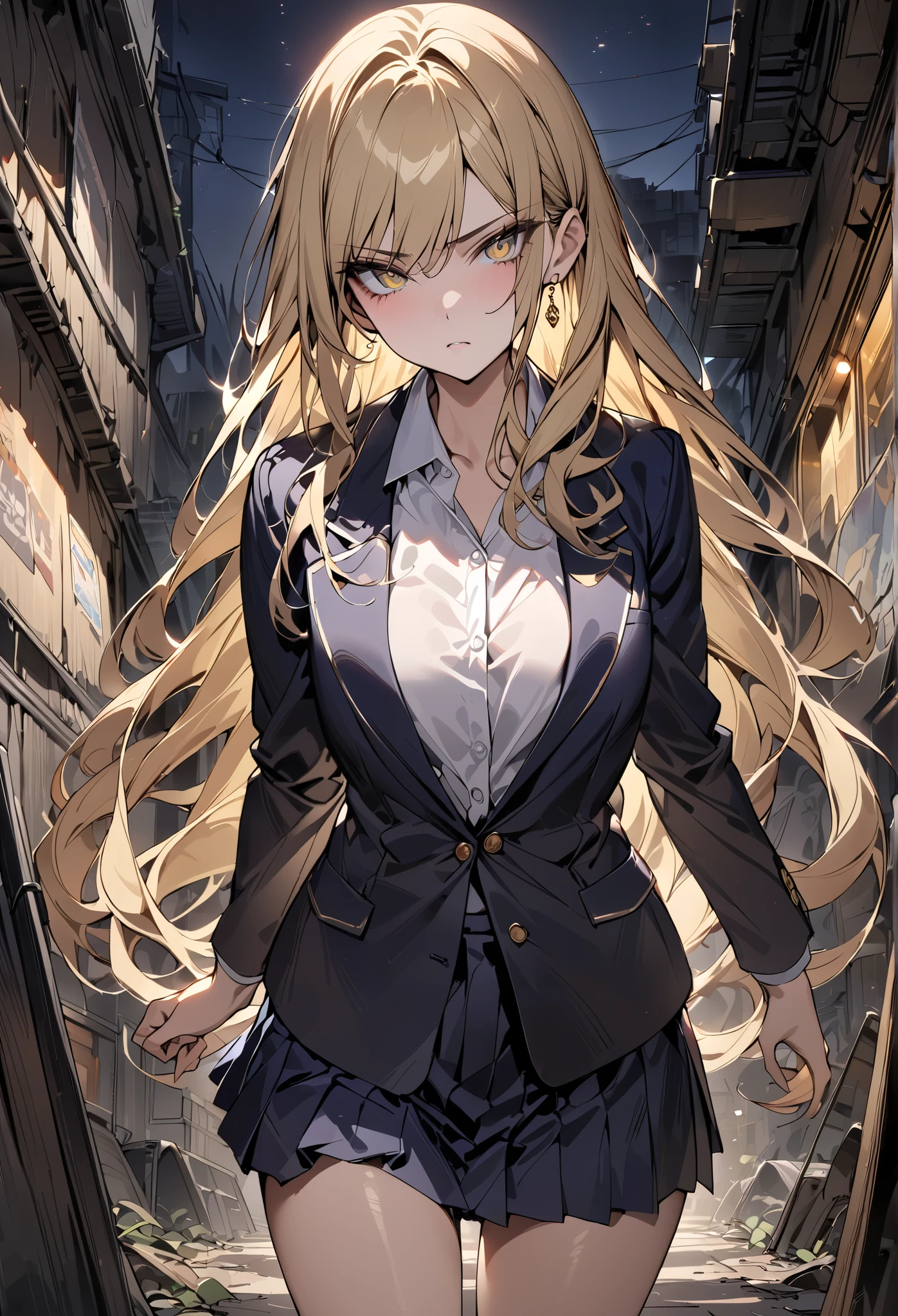 ((greatest masterpiece,super quality:1.2)),(super resolution),(solo),Cowboy Shots(front),Slender, slender high school girl walking in a slum at night,beautiful face,(blonde long hair),perfect golden eyes,staring at you,serious expression, high quality dark blue blazer ,HIGH QUALITY WHITE BLOUSE,high quality navy blue pleated skirt,loafers,gold earrings