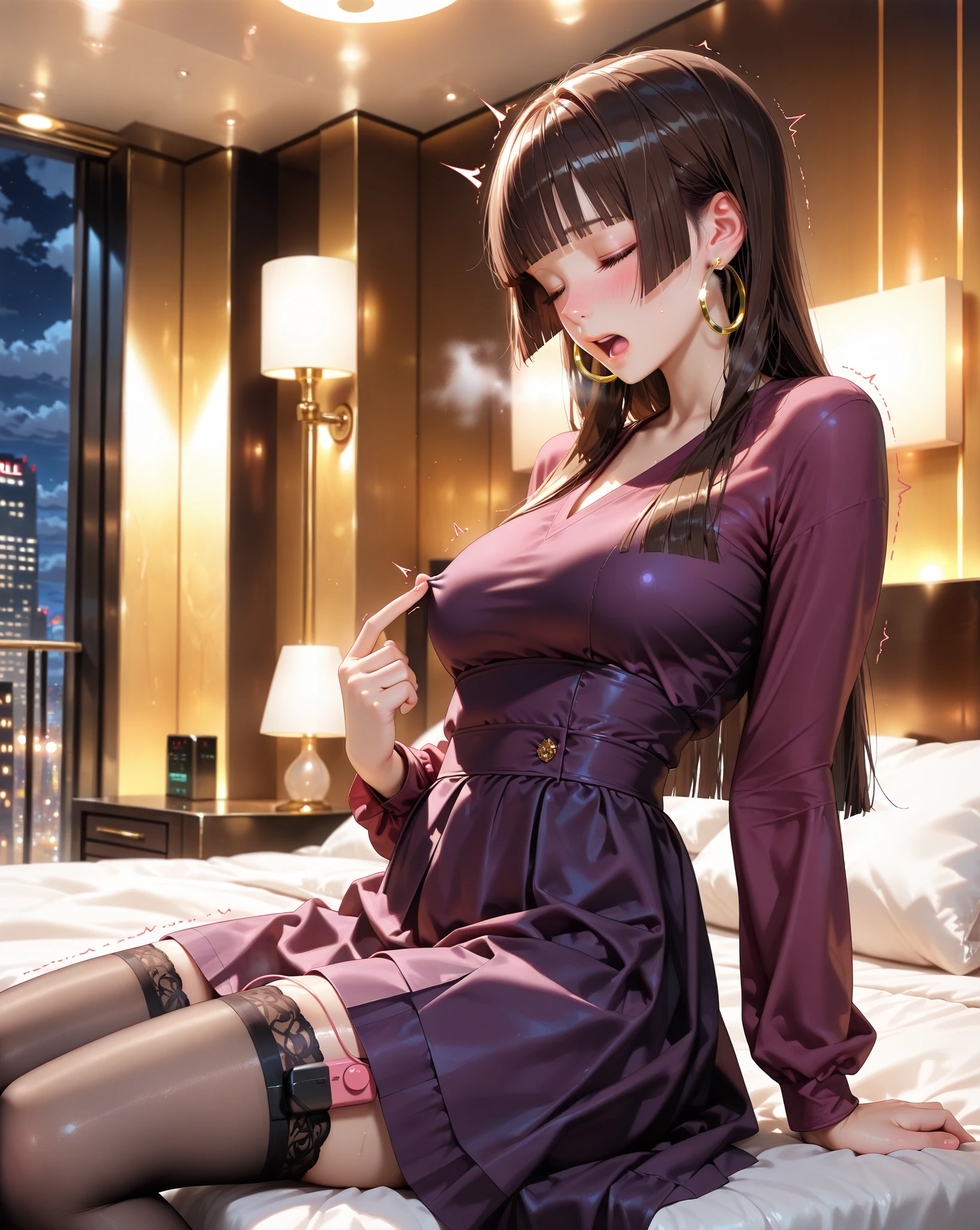 ((((Best Quality, 8K, 32K, masterpiece, 1.2)))),{{solo}},nsfw,{{{Artist: Michiking's style}}},((perfect beautiful face:1.2)), in love hotel, wearing, idol dress, netorare, netorare face, spreading with fingers, embarrassed, high quality of vaginid pussy,((a l public hairs:1.1)),