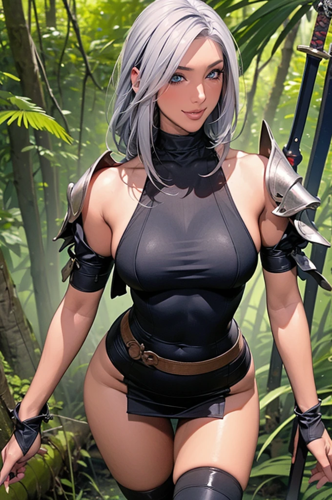 masterpiece, best quality, highres, 1girl, solo, scenery, looking at viewer, 
GAME_DarkElfBlader_ownwaifu,long hair,www.ownwaifu.com,weapon,pointy ears,armor,breasts,dark-skinned female,elf,dark elf,sword,dark skin,large breasts,thighhighs,cleavage,ponytail,long pointy ears,gloves,sheath,holding,katana,holding sword,lipstick,silver hair,fishnets,holding weapon,lips,mask,shoulder armor,elbow gloves,gauntlets,very long hair,white hair,yellow eyes,bare shoulders,eyepatch,garter straps,high ponytail,huge weapon,leotard,makeup,scabbard,sheathed,sidelocks,belt,facial mark,highleg leotard, <lora:GAME_DarkElfBlader_ownwaifu-10:0.6>