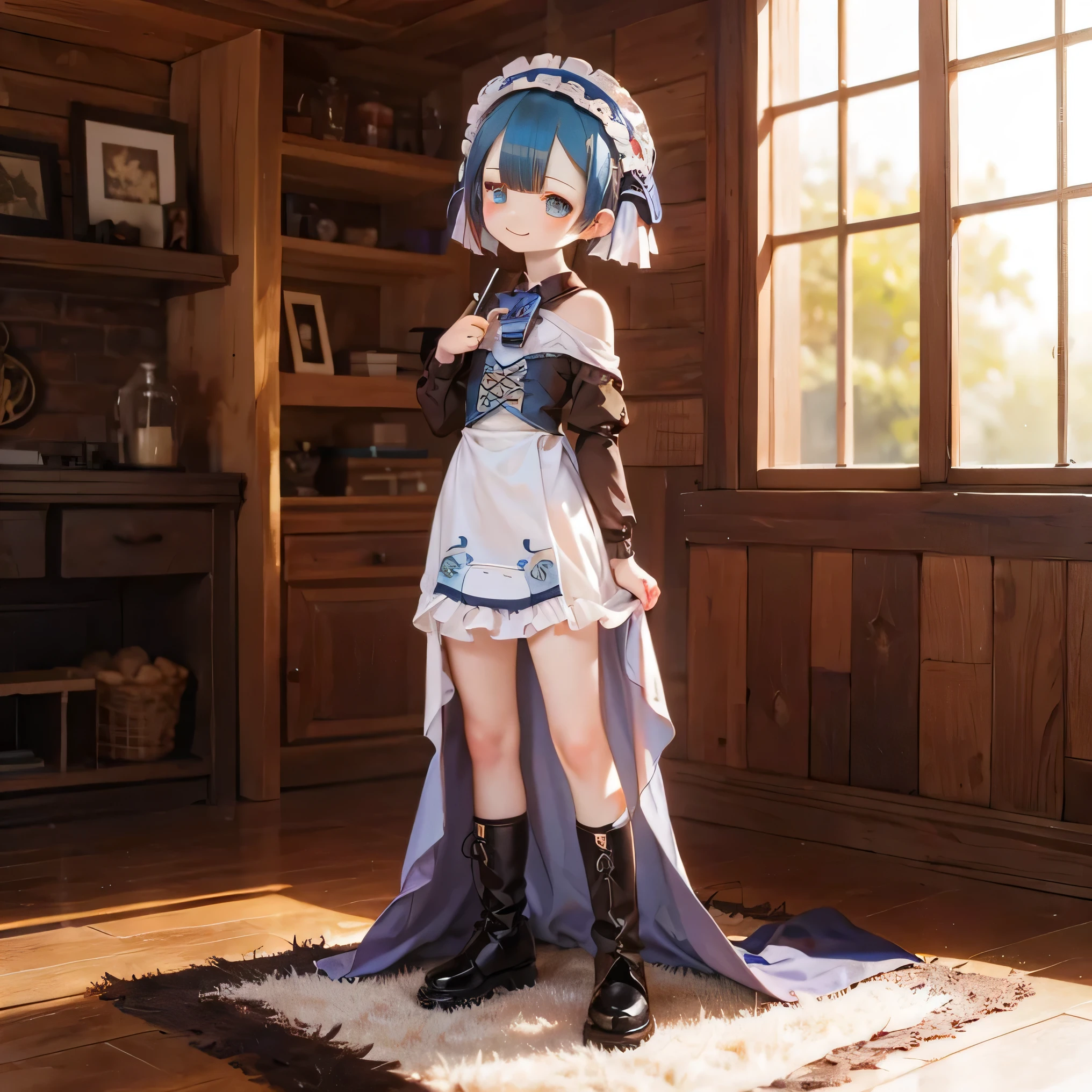 (Highest quality, High resolution, masterpiece:1.2),Very detailed,Realistic:1.37,Marulk from Made in Abyss,(Highest quality, High resolution, 4K, Very detailed, masterpiece:1.2), Realistic, High resolution, Vibrant colors, Sharp focus, Studio Lighting, Very detailed explanation, Professional, Portraiture, anime, Blue tones, Natural light, 10 year old girl, Blue curly hair, Flat Chest, Gothic Lolita Clothing, Innocent look, Delicate features, Long eyelashes, Expressive eyes, Rosy Cheeks, Soft lighting, Dreamy atmosphere, Whimsical backgrounds((((mini skirt))))Cooking in the kitchen(((((whole body)))))casual、Show off your legs