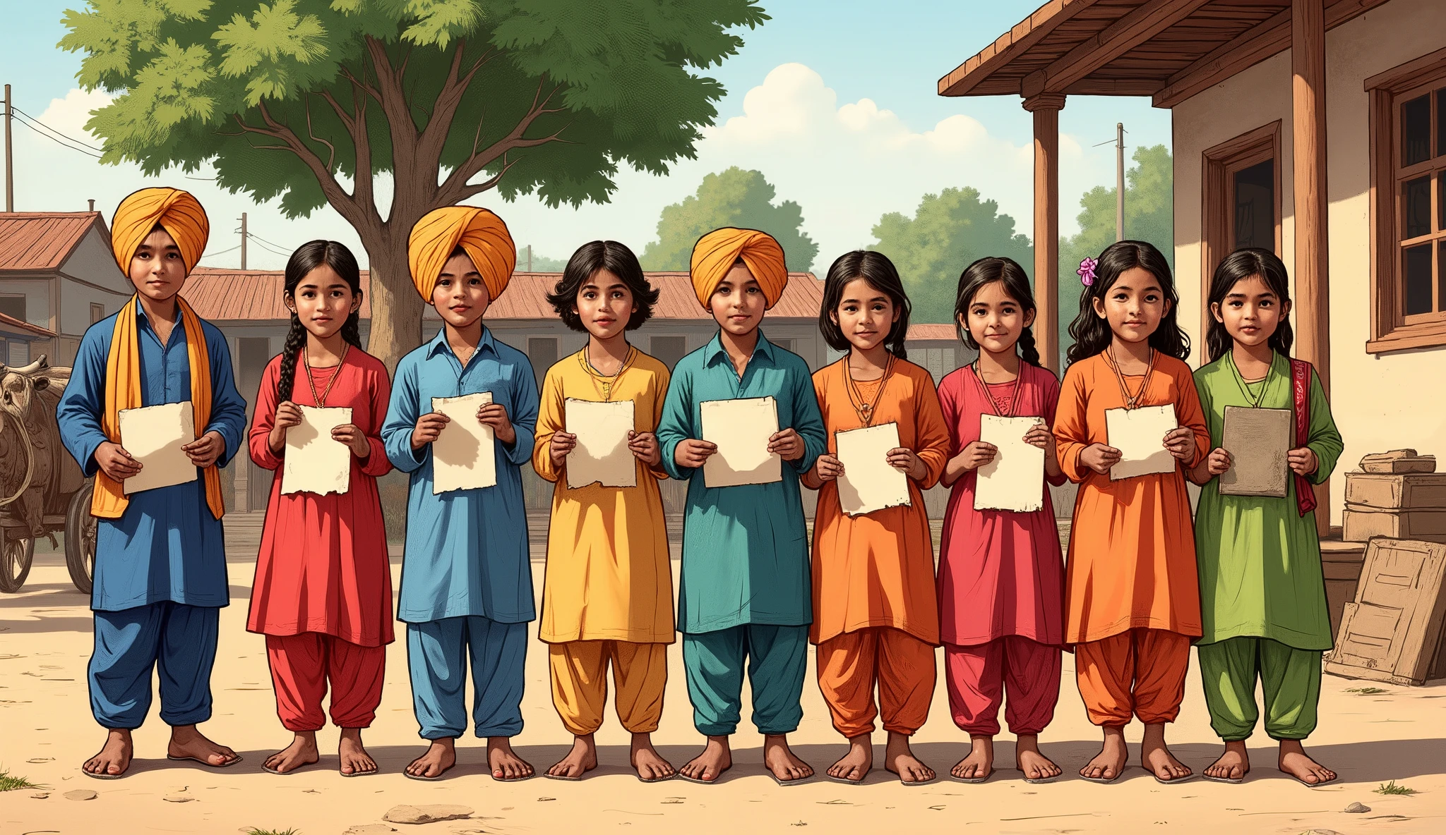 "A group of cheerful Punjabi ren, aged 6–10, standing in a line outside the rustic school. The boys wear simple kurta-pajamas, and the girls wear colorful frocks and salwar kameez. They hold torn pieces of paper and slates, with innocent, wide smiles. In the background, a tall neem tree and a bullock cart are visible, adding to the rural charm. Paint this with rich, vibrant colors and soft textures."