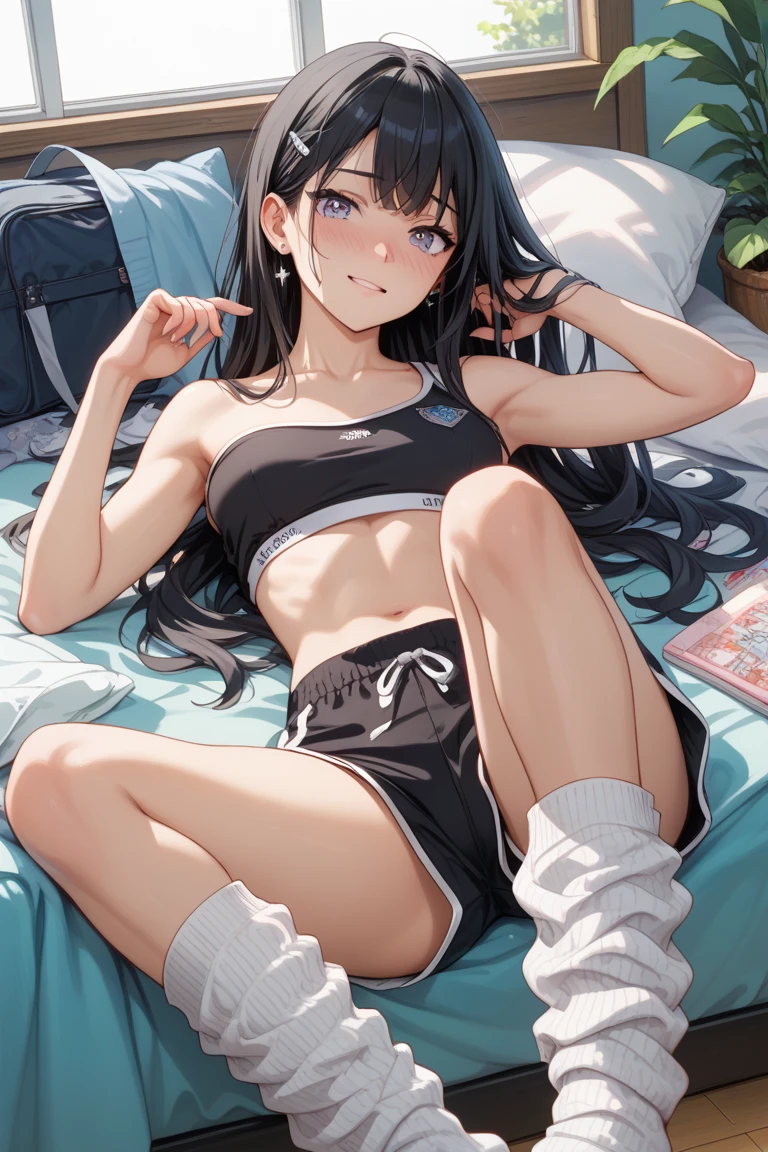 There is a girl sitting on the bed in the room and playing video games,Black Hair,Beautiful long hair, Large-screen TV, Room with books, cyber punk, Young Girl,Inspired by Liam Wong, At night, Dark Room, Lo-fi illustration style, Gamer Room, Watch TV in your room, Cyril rolled around.W Karuta, Teenm,