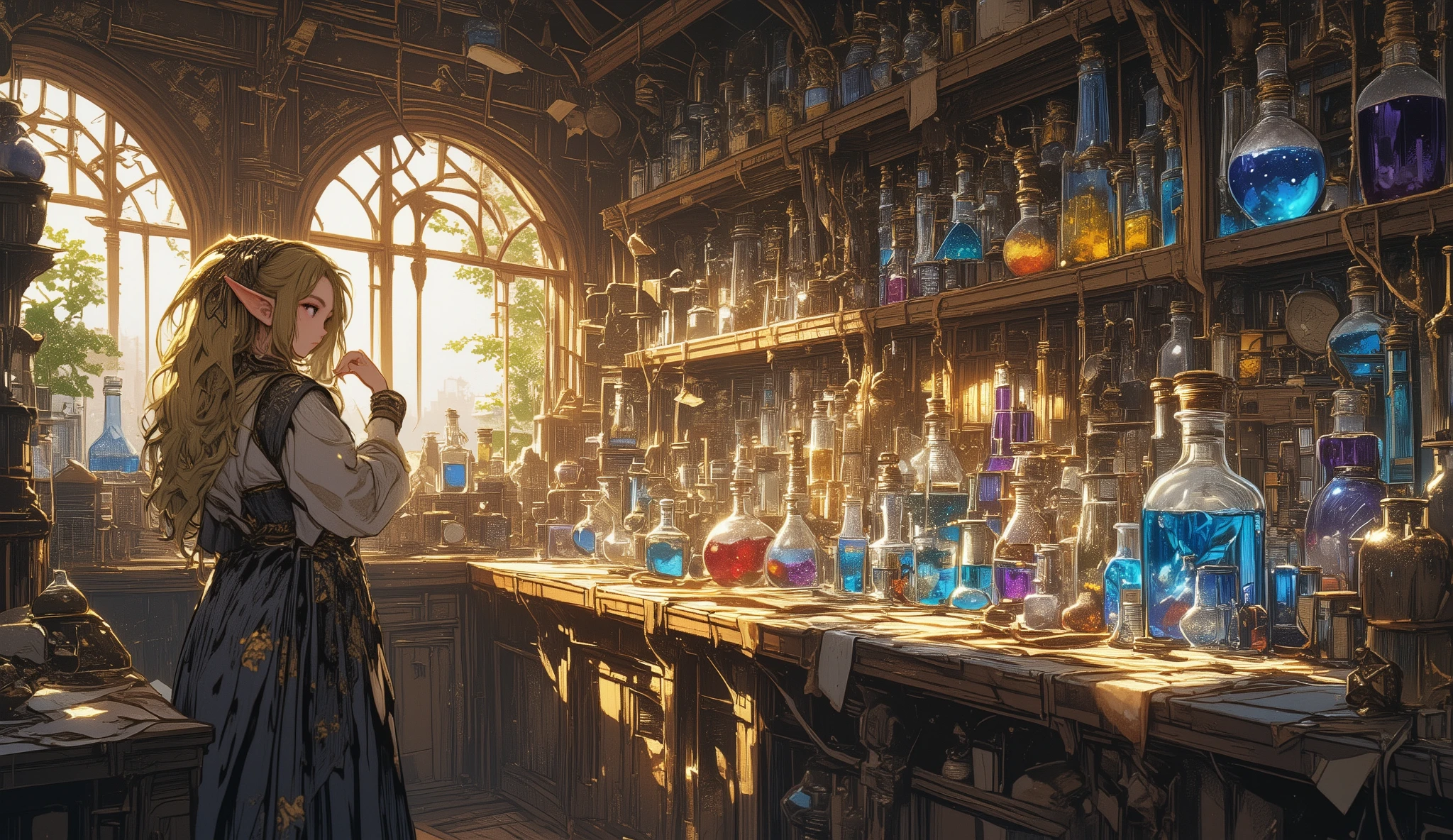 filled with bottles, She wears a traditional fantasy gold-embroidered dress, with scrolls and magical artifacts. } filled with glass bottles with colorful potions {x}, an elf girl with long blond hair and pointy ears stands at the counter, shining under the warm sunlight. , carefully studying a bottle of blue potion, The alchemist's fantasy shop, filled with bottles, , the sun's rays break through the windows. The atmosphere is cozy and magical, reflected from glass vessels, surrounded by wooden shelves