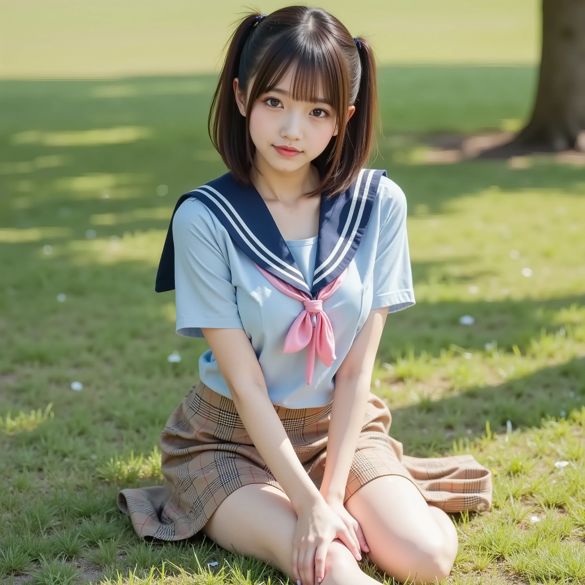 Ulzang-6500-v1.1, (RAW photo:1.2),( surreal: 1.6), (photorealistic), (Genuine:1.4), Japanese top idol beauty, perfect anatomy:1.4, slim body:0.5, viewers covering the entire subject, medium ponytail hair, light blue short sleeve sailor suit, Pink Ribbon Tie , bright brown plaid skirt with red lines, ((Sit on the grass and spread your legs:1.2)), (Ultra Real Pantyhose by Rim:1.2), ( don't wear shoes , ( Ultra Clear Focus ), movie lights, (beautiful breasts), (Beautiful Legs), (beautiful skin on hands), (Full screen picture :1.6),