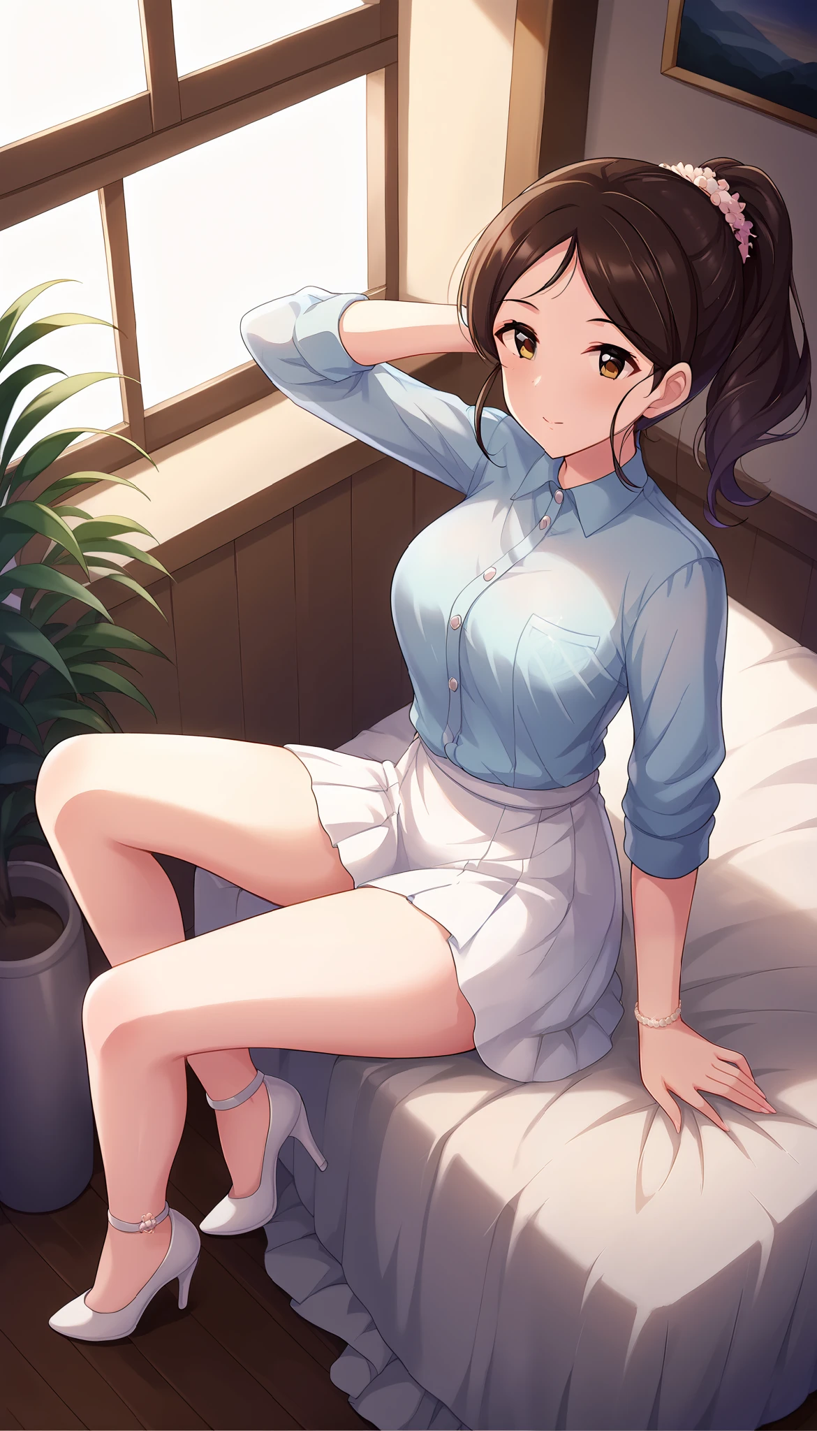 light blue shirt、white skirt、angle from above、((cover))、room、Ulchan-6500-v1.1, ( RAW photos :1.2), beautiful detailed, very detailed目 美しい目, beautiful eyes、Brown Eyes 、 file size is large, high resolution, very detailed, best quality, [masterpiece:1.6], Awareness-raising, very detailed, CG, finely, best quality, 8K wallpaper, perfect figure、very detailed、brown hair、ponytail、cover、Slim and beautiful thighs、Bare legs、white high heels