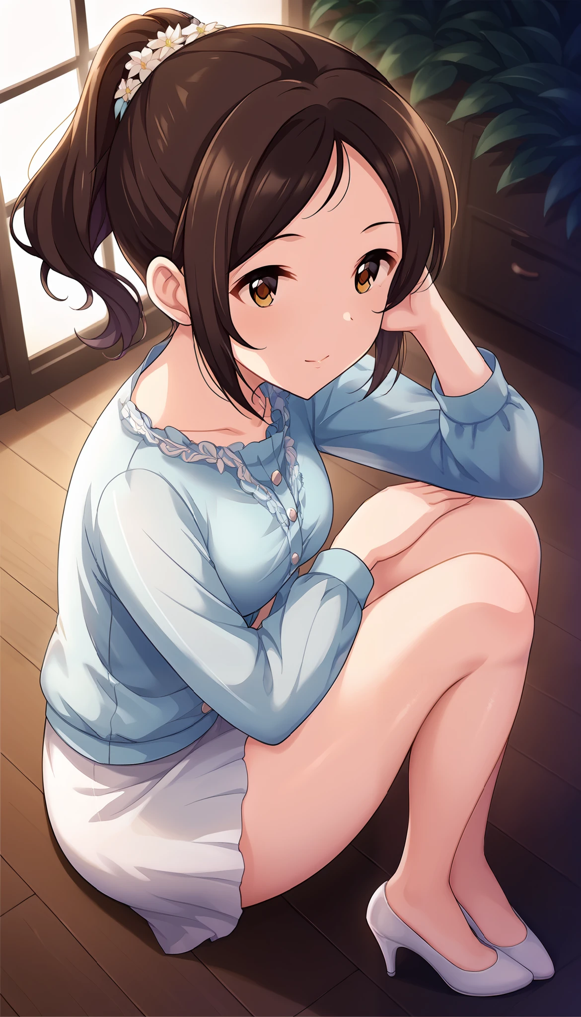 light blue shirt、white skirt、angle from above、((cover))、room、Ulchan-6500-v1.1, ( RAW photos :1.2), beautiful detailed, very detailed目 美しい目, beautiful eyes、Brown Eyes 、 file size is large, high resolution, very detailed, best quality, [masterpiece:1.6], Awareness-raising, very detailed, CG, finely, best quality, 8K wallpaper, perfect figure、very detailed、brown hair、ponytail、cover、Slim and beautiful thighs、Bare legs、white high heels