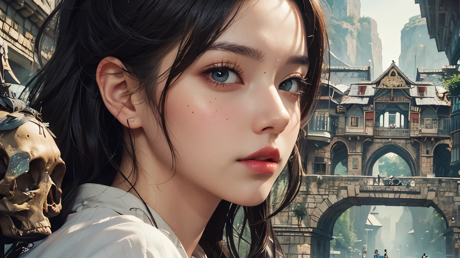Anime girl with a skull in front of a castle, detailed digital anime art, Stunning Digital Illustrations , guweiz style work in a coffee shop, make it amazing digital art with great attention to detail , Beautiful Comic Art, impressive detailed art style , then Martin artwork portrait, NeoArtcore and Charlie Bowwater, Alena Aenami and artgerm, then Martin