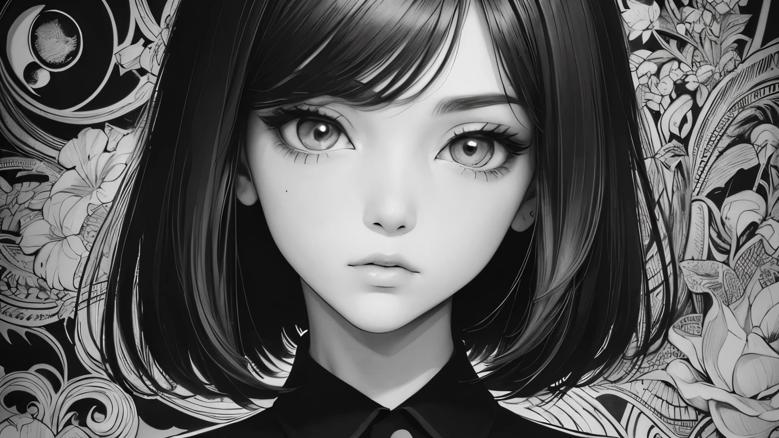 Beardsley Style, ink art, Pen and ink, (Best Quality,masterpiece:1.2),(black and white cartoon core :1.1),(Extremely High Contrast),Dark Ink, 1 beautiful girl, sidemap, schools_uniform, Bob_ cut_hair, 前hair, very_beautiful_face, very_beautiful_eye, flat_eye