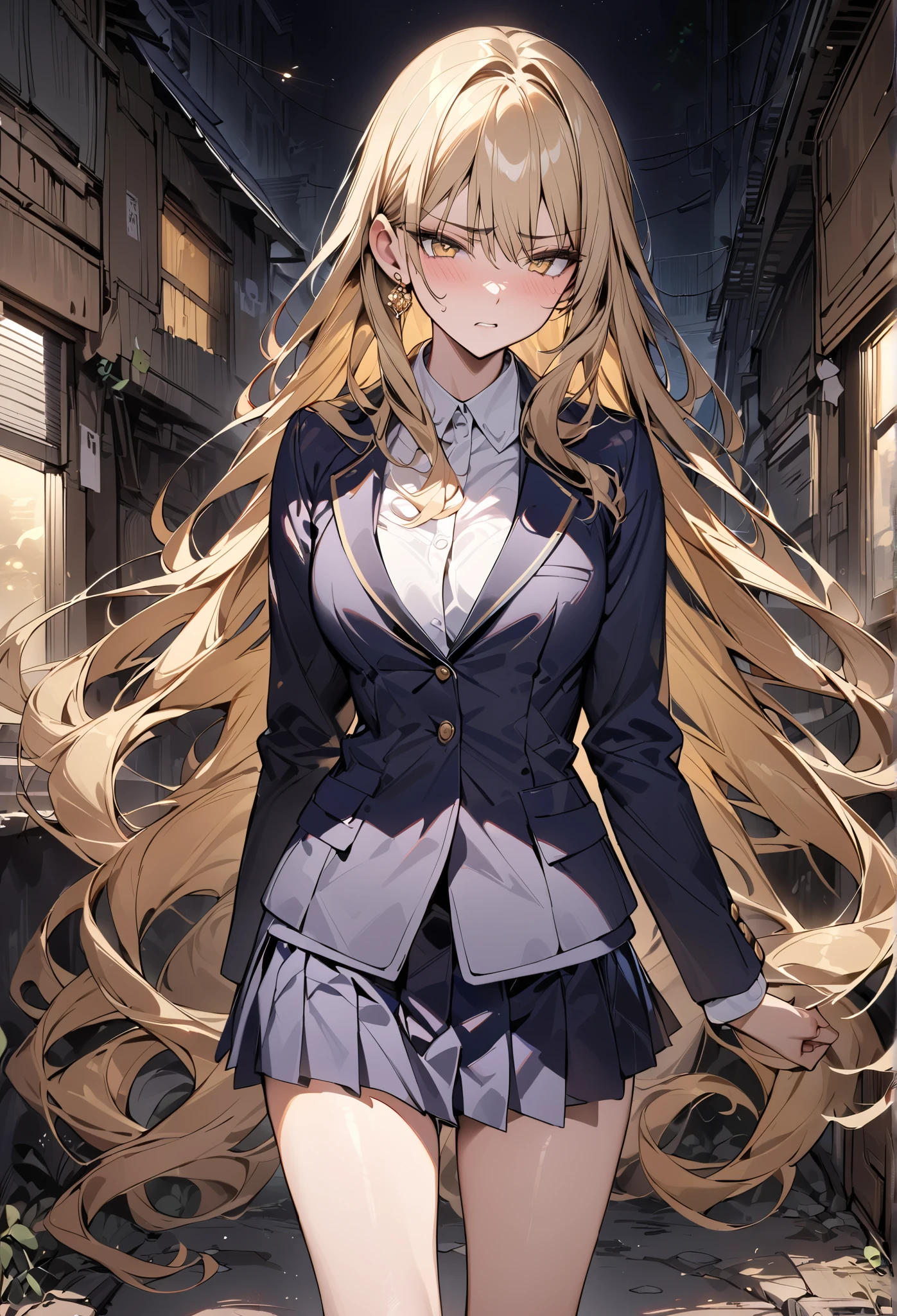 ((greatest masterpiece,super quality:1.2)),(super resolution),(solo),Cowboy Shots(front),Slender, slender high school girl walking in a slum at night,beautiful face,(blonde long hair),perfect golden eyes,irritated expression,high quality navy blue blazer,HIGH QUALITY WHITE BLOUSE,high quality navy blue pleated skirt,loafers,gold earrings