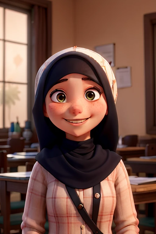 a beautiful woman with hijab she is a teacher, in beautiful classroom, face to camera, all happy, Pixar style, wide-angle