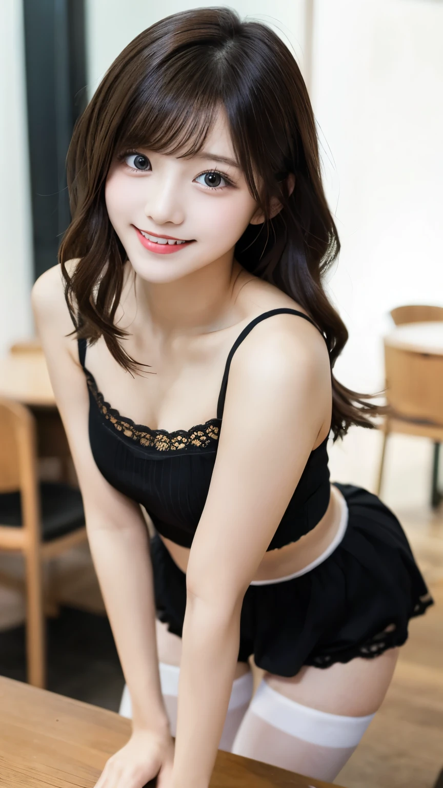 baby face girl, cute face, sexy shirt, black hair, long hair, smile, dimples, cute nose, wearing thigh shorts, full body photo, sexy and seductive body, realistic photography, ultra detail, best quality, 8k, 70mm lens FULL BODY,Sexy body girl(big boobs)