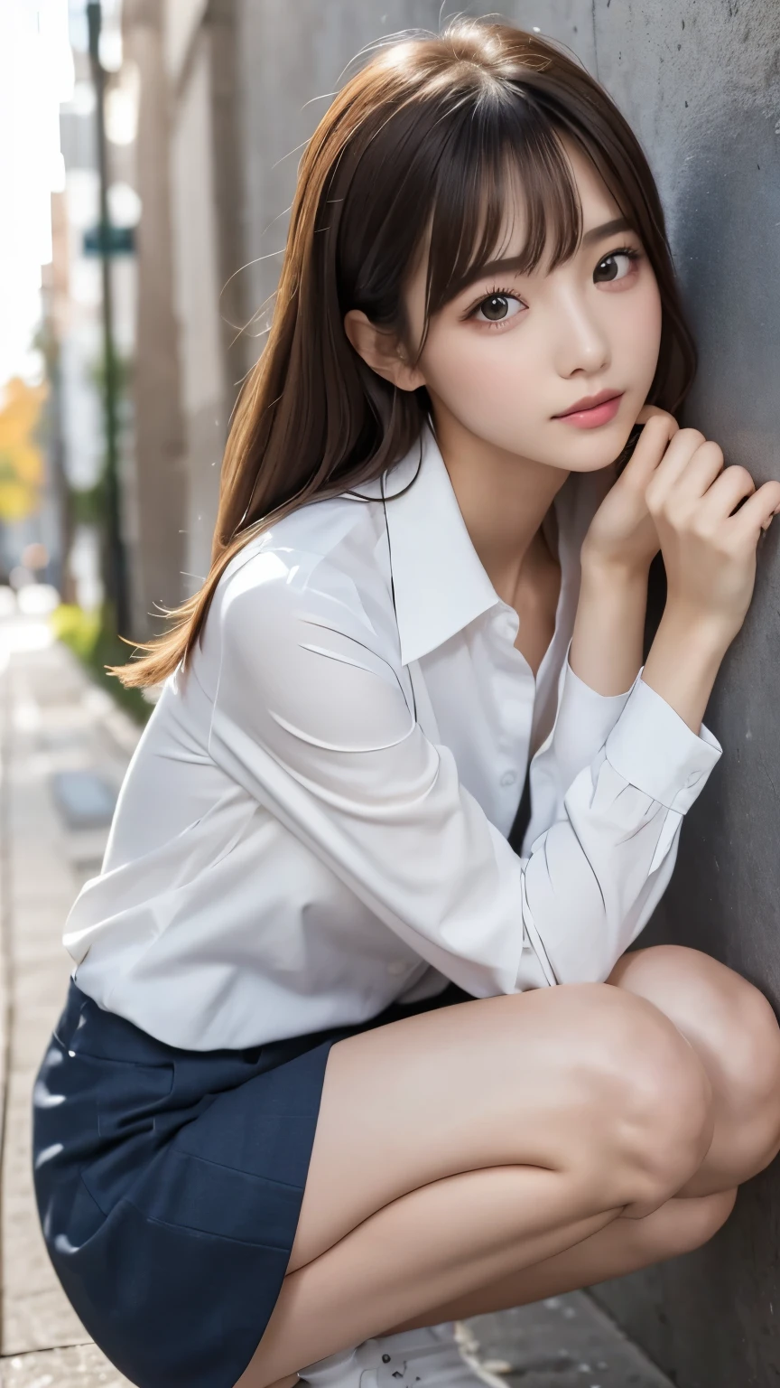 ((Best quality, 8k, Masterpiece: 1.3, raw photo)), Sharp focus: 1.2, (1 AESPA girl: 1.1), (realistic, photo-realistic:1.37), face focus, cute face, kindness, small breasts, flat chest, brunette short messy hair, or ponytail, arms up, sitting cafe, wet body, wet white shirt, business suit skirt, sunlight, cinematic lighting