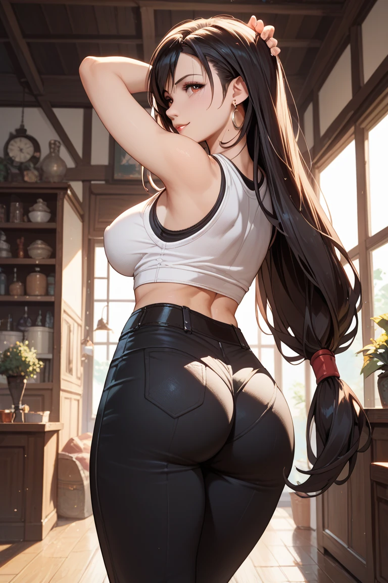 smile, blush, cleavage, ,brown hair, red eyes, red fingerless gloves, white tank top, shining aura, Natural light, masterpiece, tifa lockhart, Glossy skin, juicy lips ,long hair, cute, cute, adorable, reach out, adult, from behind, big ass, ((huge ass)), latex pants, camel toe