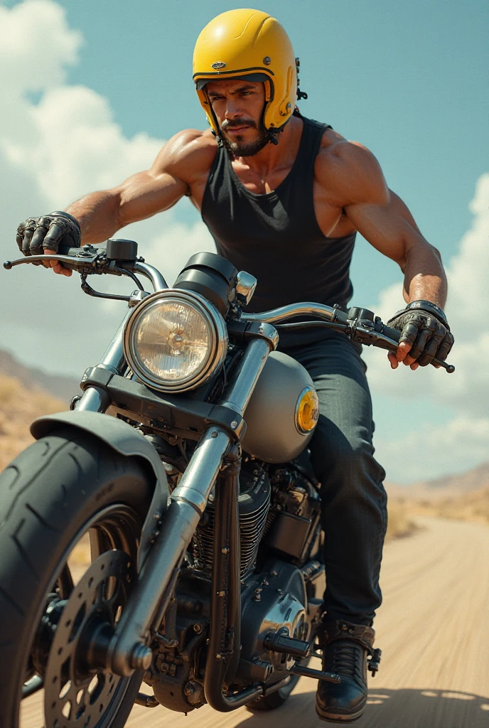 Shirtless and very sweaty boy riding on top of a powerful sport motorcycle 