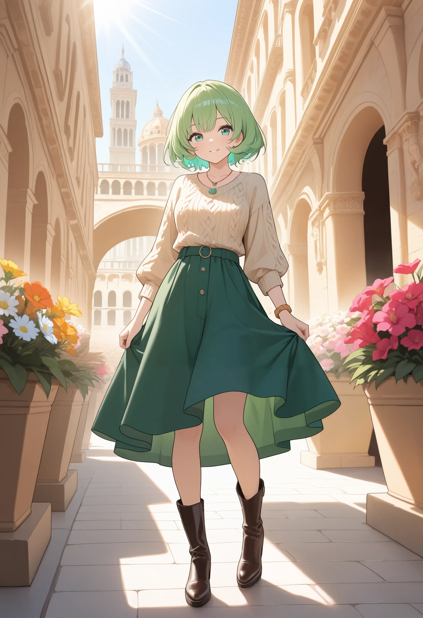 ((best quality)), ((masterpiece)), (detailed face and eyes), perfect face, accurate, textured skin, high details, highres, A stylish woman is standing in front of a famous Italian landmark, enjoying the warm spring breeze. She is wearing a flowing green flared skirt, a beige knit long-sleeve T-shirt, and a delicate necklace. On her feet, she wears tan leather boots, and on her wrist, she sports a classic Casio Standard watch. Her hair is styled in a layered cut, gently swaying in the breeze. The background features a beautiful Italian tourist destination, such as the Colosseum in Rome, the canals of Venice, or the Duomo in Florence. The atmosphere is bright and cheerful, with soft sunlight and blooming flowers enhancing the springtime vibe.