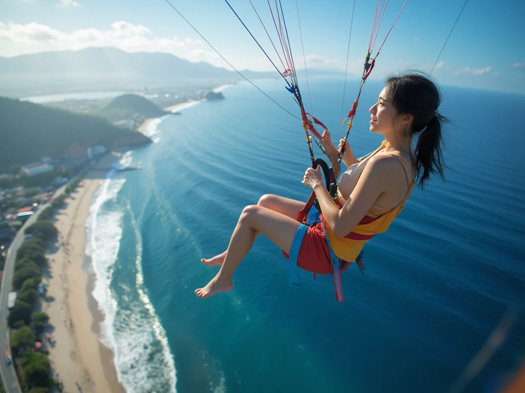 An indonesian goddess in a bikini, skydiving, parachute, bright blue sky as a background, real skin texture, long shot photography, masterpiece.