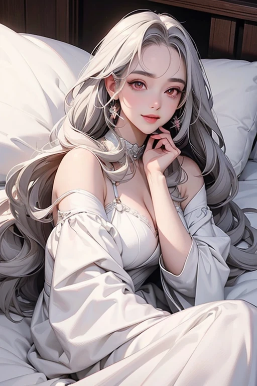 1Girl, 25 years old, Solo, Anime, Ideal body, (Cleavage, Small breast). Beautiful, Gorgeous, Fresh, Blunt Bangs, (White Grey Hair:1.5),(Straight and Wavy Long Hair:1.3), colorful cloth, random cloth, casual shirt, casual dress, casual skirt, camisoles, cotton texture, laced cloth, casual pants, Off-Shoulder, Oversize, Comfort, Loose shirt, Fabric Texture. (Sit on bed:1.3). Earrings, Thin Black Headband, Green Accessories, Environmental Details, Bed Room, Natural Light, Modern Bed, Chair, Window, White Curtain, City View. pov, anime style, UHD, retina, masterpiece, accurate, anatomically correct, textured skin. High Resolution, Looking at the viewer, Blush, Best Quality, Award Winning, Accurate, Embarrassed, seductive smile, sweating, Naughty Face, Chin up, lips open, Gradient Eye Color, Sexy Pose. In the top view shot, the body is bent to the viewer, in front of a camera, looking up to the viewer, tongue out, and with an open mouth. From Above, (sticky goo on breast), (goo on body), (sweating).