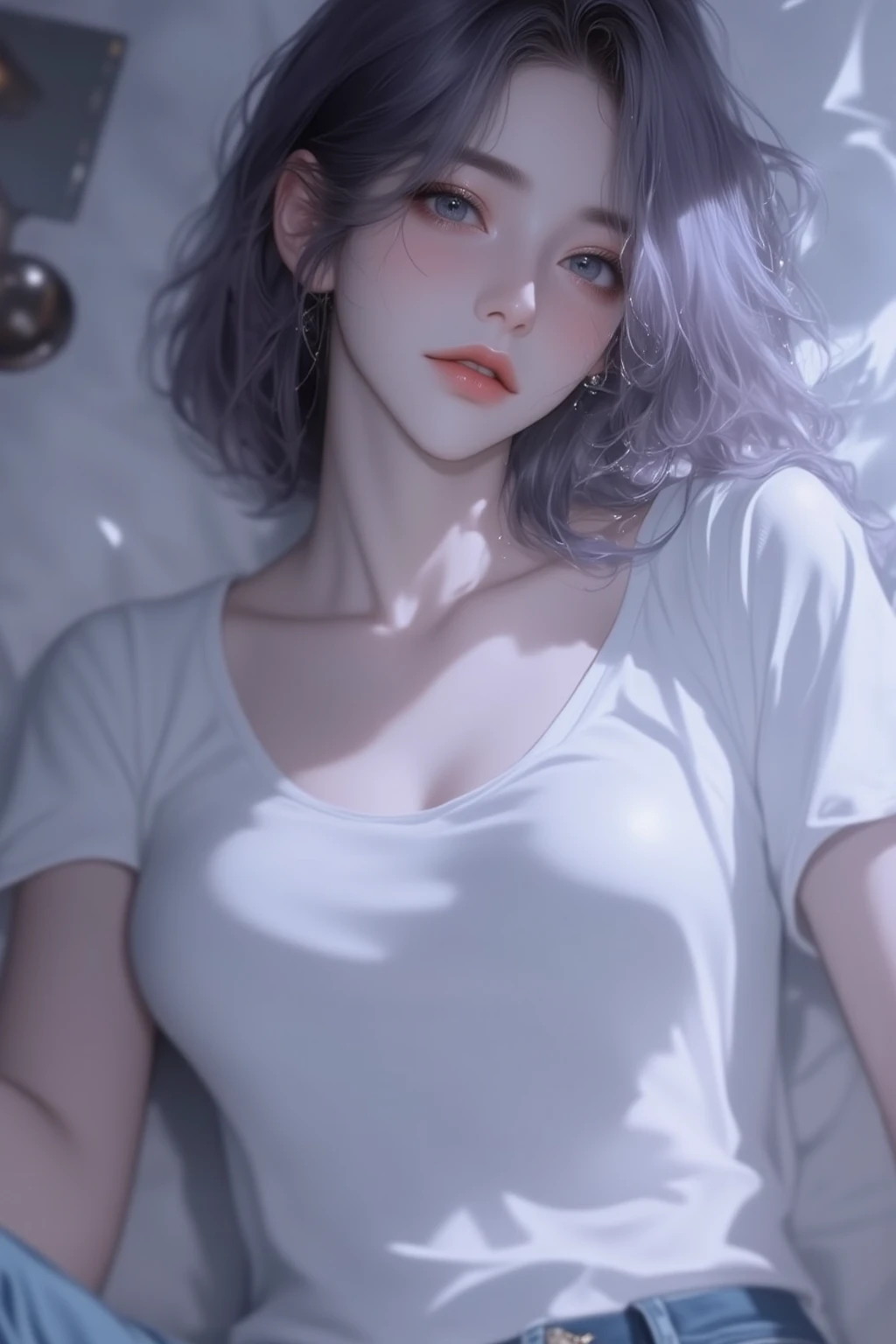 ((((masterpiece, best quality, high resolution)))), (1girl:1.5), ((short silky hair, white hair, purple eyes, sharp eyes)), (medium :1.2), blush, (cheeky smile, parted lips), glow, thighs, bare shoulders, collarbone, narrow waist, (slender body figure), (beautiful detailed face, beautiful detailed eyes), ((wet white tshirt, pantiesg package:1.3)), (standing up), looking at viewer, nighttime, bedroom