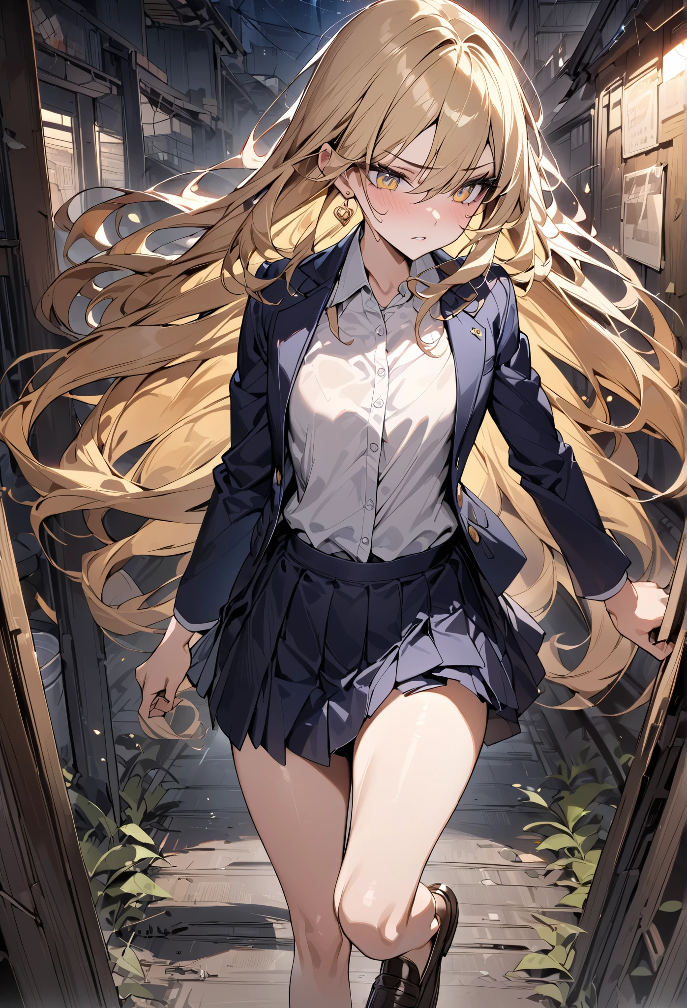 ((greatest masterpiece,super quality:1.2)),(super resolution),(solo),Cowboy Shots(front),Slender, slender high school girl walking in a slum at night,beautiful face,(blonde long hair),perfect golden eyes,irritated expression,high quality navy blue blazer,HIGH QUALITY WHITE BLOUSE,high quality navy blue pleated skirt,loafers,gold earrings