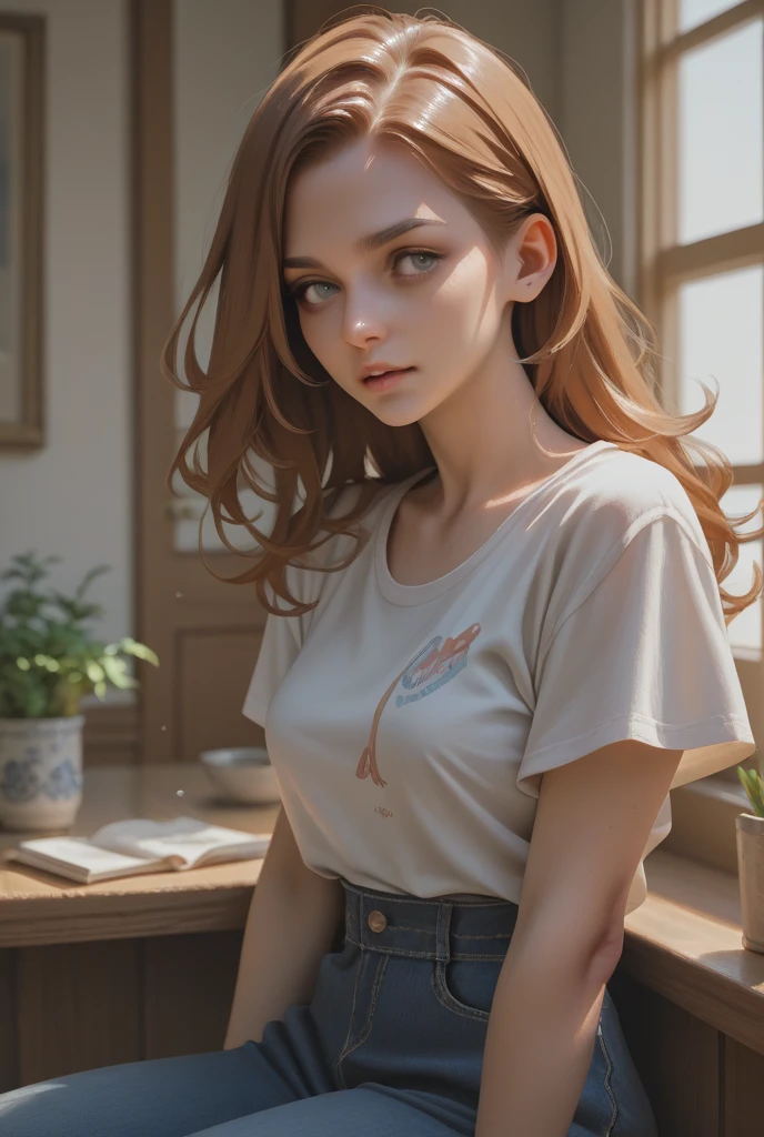 （best qualtiy，tmasterpiece，art  stations，Fantasyart：1.2），A beautiful and cute girl，petite，（Long, messy ginger hair：1.1），（Long white T-shirt，naked leg：1.2），In front of the bedroom window，
