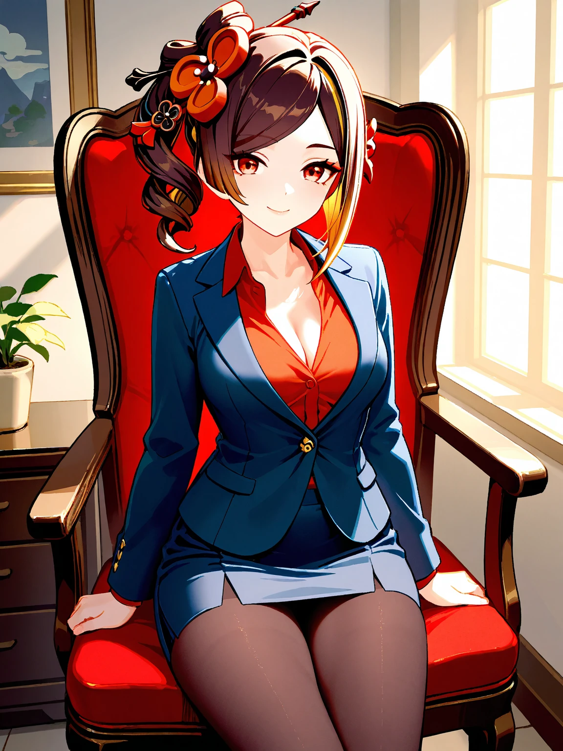 ((high detailed, best quality, 4k, masterpiece, hd:1.3)), landscape, (in office), indoors, business office, Office workers working in the office, many people are busy working, standing, window, desk, chair, computer, ceiling light, (panoramic shot), a full-length shot of Princess Daisy lying on a desk, neon blue eyes, BREAK blue eyes, seductive, attractive, sexy smile, smiling, smooth anime cg art, 36C breasts, long legs, vivid colors, detailed digital art, slim body, perfect skin, dark red hair, long hair, dark hair, red hair, BREAK crown, cleavage, 36C cleavage, looking at viewer, BREAK looking at viewer, extremely detailed face, black necktie, tight red skirt, red suit, red jacket, black shirt, red pencil skirt, mini red skirt, full body, (red high heels), earrings, gem, dark black makeup lips, dark gothic eyeshadows, dark eyeshadows, black eyeshadows, black sexy lips, black lips, (dark:1.2), dark lips, very dark lips, (perfect hands, perfect anatomy), black makeup, black medium lips, black thick lips, detailed fingers, five fingers per hand, 5 fingers, (1 girl), detailed lips, detailed black lips, black painted lips, gothic painted lips, (breast focus), (breasts out:1.3),