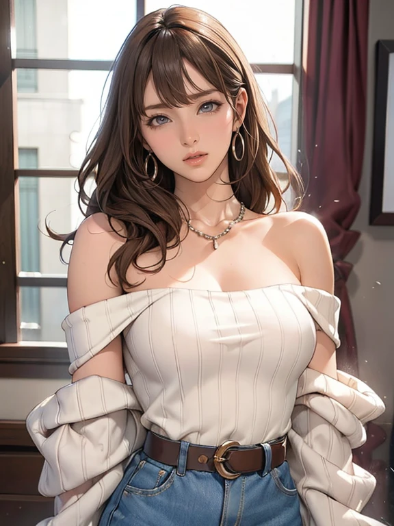 (masterpiece best quality), solo, 1girl, thick lips, pink eyes, brown hair, tan, money tuck, bedroom, window, scoop neck, half up half down hair, hair ornament, large breasts, jewelry, plant, detailed illustration, restaurant