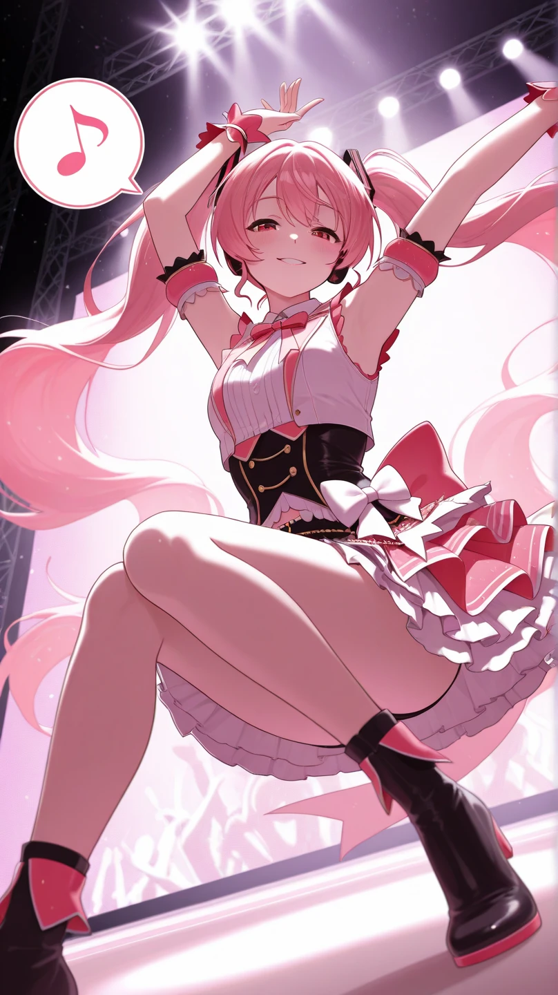 1girl, Angle from below:1.8, The girl bends forward to show off her breasts、Standing、legs apart, (shiny white skin:1.6)、Glowing Eyes, ((Sexy evil grin)), (10 years old girl), Kaito Saint Tail、ponytail、breasts, pink rips, hat, ((((Velvet sleeveless vest, see-through)), (Velvet long gloves), (Velvet bow tie), small breasts, (Pink flared skirt)、Shiny black thigh-high socks))、thighs, ((black pantie)), ((The chest buttons are open)), (crotch),((foot)), ((girl on top)), 1boy, penis, eject cum, Angle to look up at the crotch、Moonlit Night、Building district、rooftop