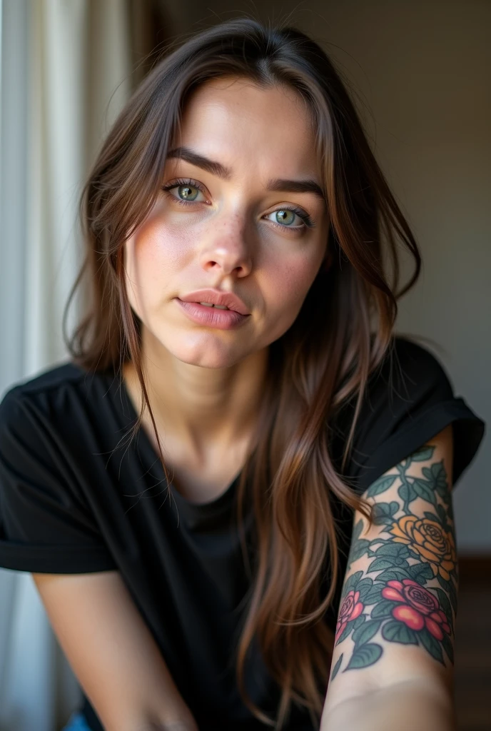 (realistic,tattooed,ginger:1.1)detailed girl(realistic, photorealistic:1.37),straight hair,detailed eyes, exposed and detailed arms, blue eyes (best quality,4k,8k,highres,masterpiece:1.2),wearing a dress,fine lines tattooed on both arms, sitting in a snack bar,hands on the table,lit by warm golden light,smiling face,relaxed pose,delicate facial features.
