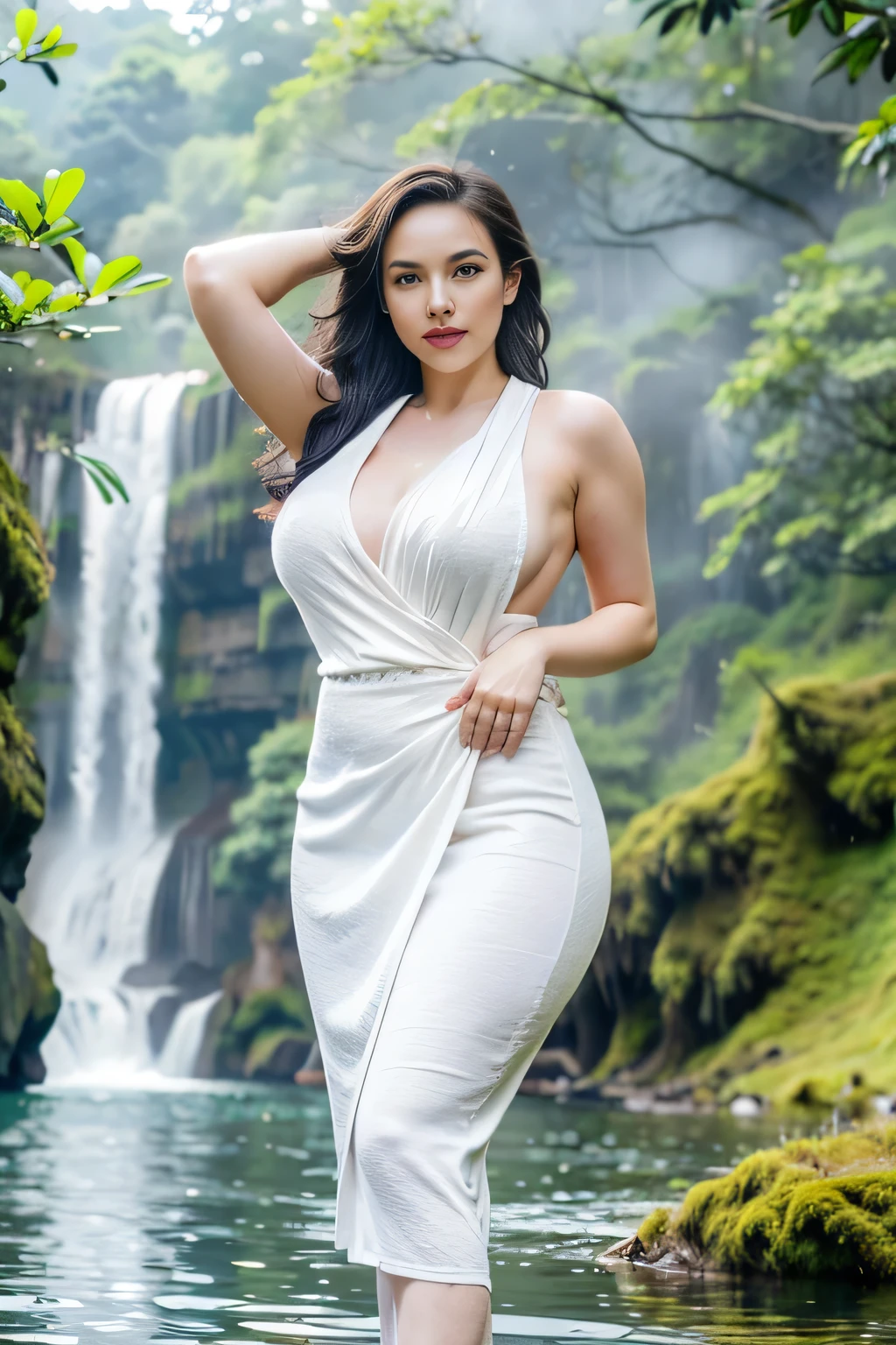 Arab dress, yellow dress, short dress (white), crocodile near the mountain, water near the grass, waterfall nearby, light green, bright flowers, red sky, wearing suit (white), lips (pink) Escasamente vestido, beautiful face Hermosa big hips shine in the sky, oval curves sonrisa seductora Retrato Gabriella Lin Rojo red-orange dress