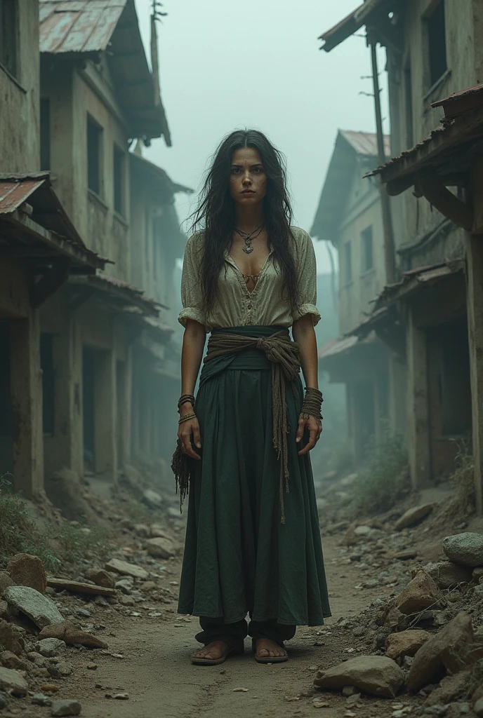 A pirate girl is executed by hanging in the pirate era. The rope is on her neck. She is barefoot and in a poor, ripped clothing. She has wounds and bruises from the humiliation. Its a public execution. She is already hanging down and dying.