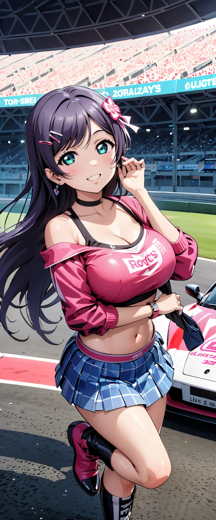 best quality, ultra high resolution,  One person,  Big Breasts, black choker, smile,  exposes shoulders,  focus only , viewers,Fair skin,Car racing track,photon mapping, Physically Based Rendering,  RAW photos , Highly Detailed Background, K-pop Idol ,is written in depth,hair ornament,detailed face, glowing skin, game cg,full body,  shiny micro mini skirt ,shiny micro tube top,shiny knee-high long boots,race queen,Big Breasts,cute pose,tall and low sports cars,Hold a jacket in your hand ,gross lips,Tojo