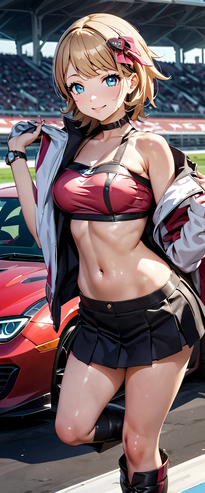 best quality, ultra high resolution, One person, smaller breasts, black choker, smile, exposes shoulders, focus only , viewers,Fair skin,Car racing track,photon mapping, Physically Based Rendering, RAW photos , Highly Detailed Background, K-pop Idol ,is written in depth,hair ornament,detailed face, glowing skin, game cg,full body, shiny micro mini skirt ,shiny micro tube top,shiny knee-high long boots,race queen,Big Breasts,cute pose,tall and low sports cars,Hold a jacket in your hand ,gross lips,Tojo
