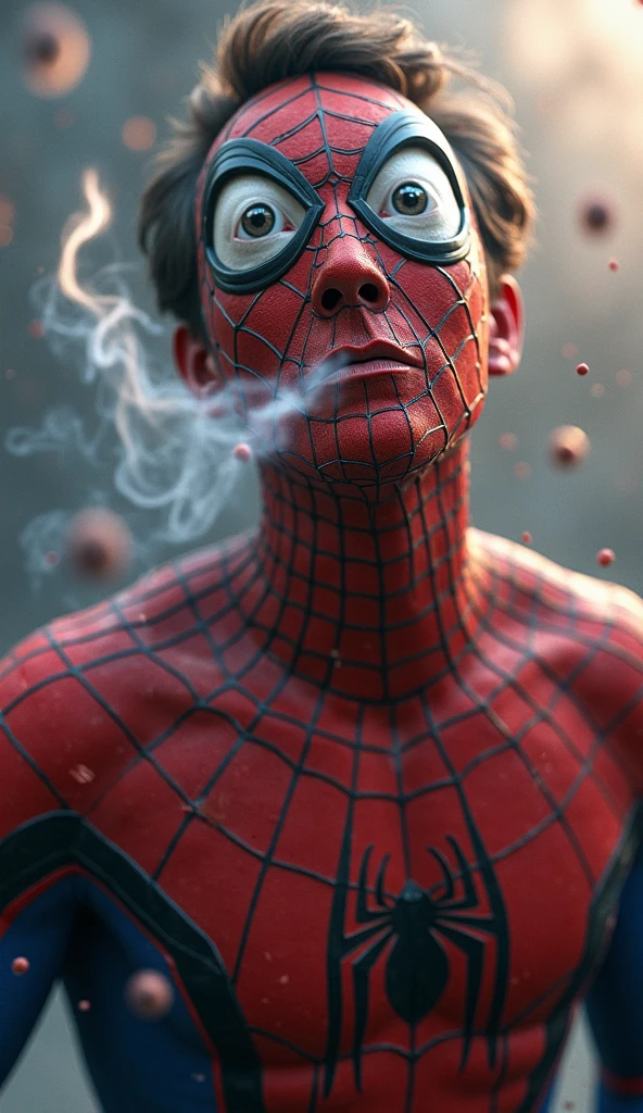 A Spiderman with cigarette, naughty, Surrealism, high detail, depth of field, god rays, Sony FE GM, comic art