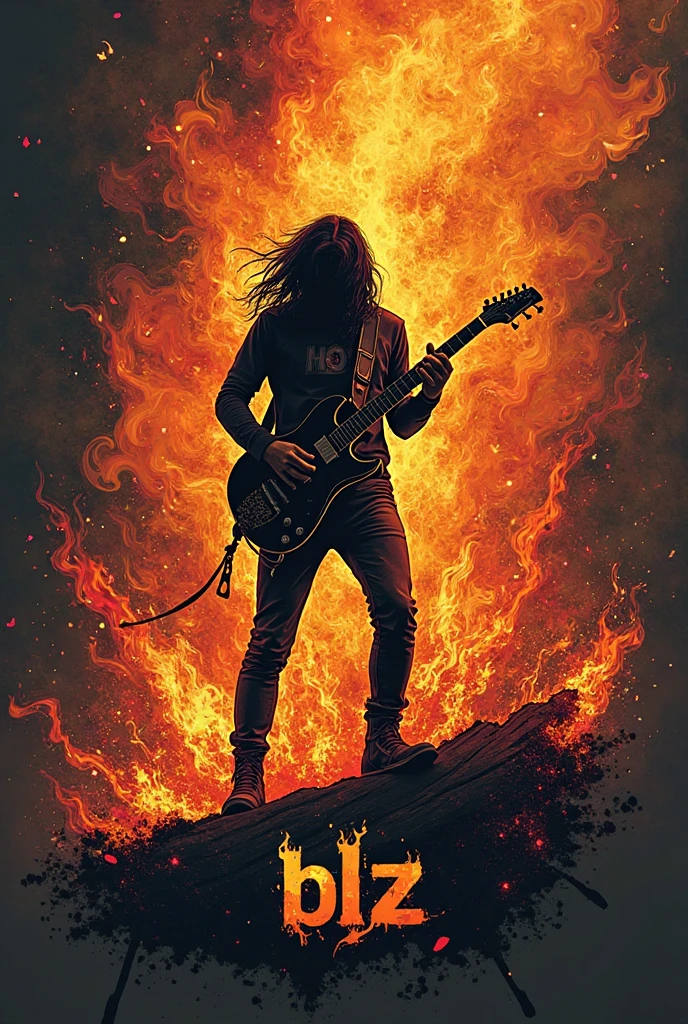 create the image of a zombie playing a les paul guitar on fire as the world ends, the dark sky causing a climate of catastrophe while blue rays fall causing destruction