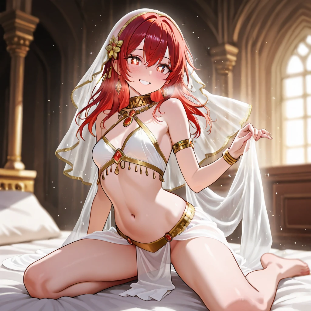 NSFW,Ellis Greyrat、Ahoge、Eye hair、Long Hair、(Red Eye:1.5)、Red hair,Side Lock,(Belly dance:1.5),(Face Veil:1.5),(Small breasts:1.2),(Perfect hands),(Perfect Anatomy),(masterpiece),(highest quality),Embarrassed,blush,Aroused expression,night,(orgasm:1.3),(Falling into Pleasure:1.5),Having sex,Creampie,(Dark Skin:1.5)