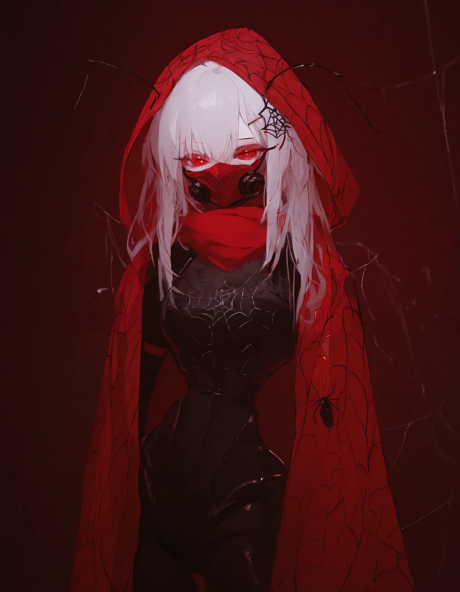girl, white hair,long hair,in red eyes,black flower adorning hair,Sharp eyes,medium chest,girlแมลง,Slim Gold Hairpin, thin waist,cyberbody,black antenna,Tall,figure,black sleeve ,Spider web black widow,Insect Mask, assassin, red headband ,Red Short Scarf,Black Armor,black sleeve ,Insect Eye ,,Half an insect,In multi-layered eyes,Sharp eyes,Pointed eyes ,Insect legs,Long Raincoat,Slim Gold Hairpin,good figure, small waist ,Red tunic with thin fabric,awesome,Spider web,