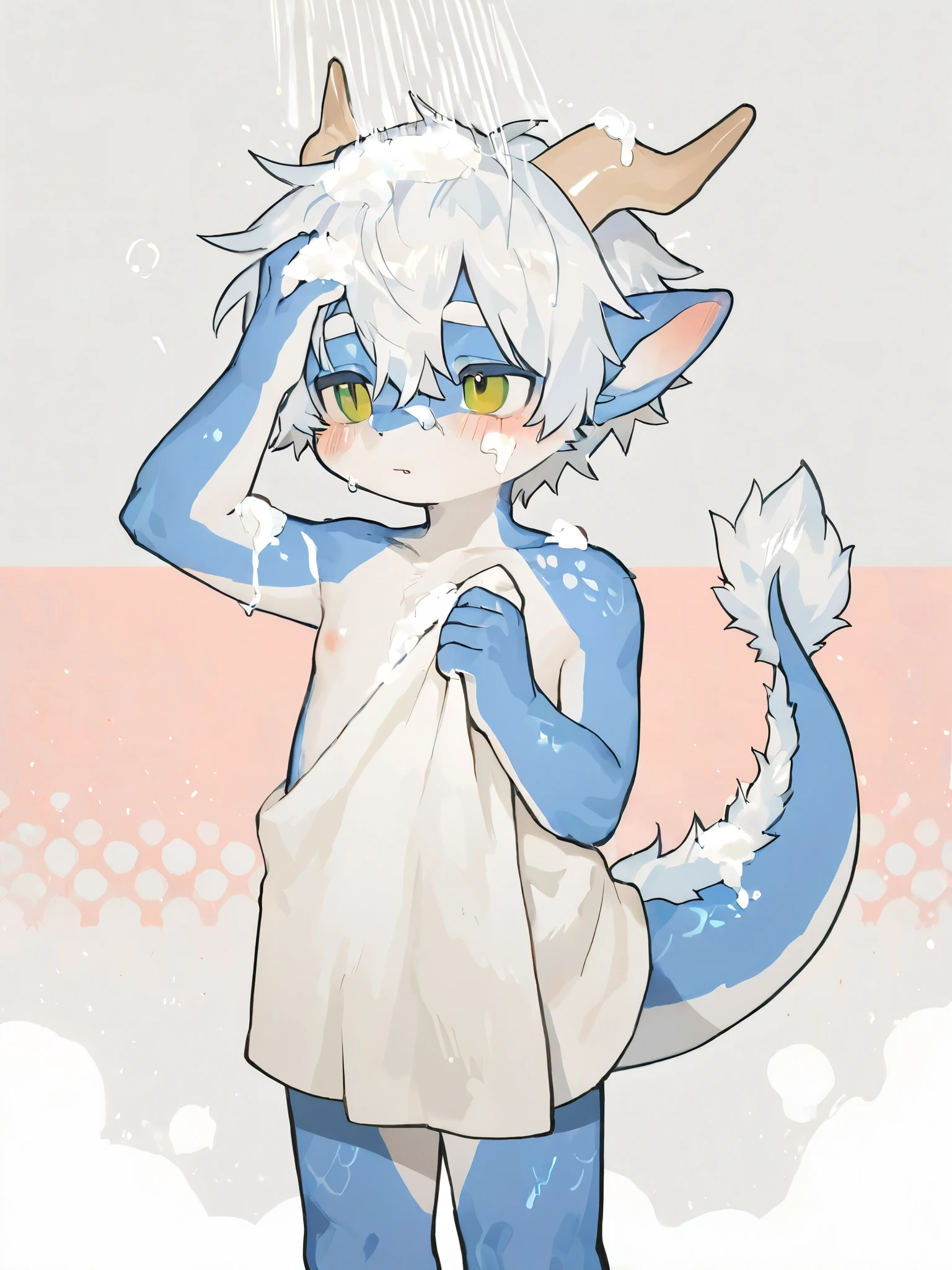 best quality,best resolution,(fluffy anthro furry :1.6),snow leopard girl,small breasts,blue long hair,messy hair,pubic fur,neck fur,white fur,leopard ears,leopard tails,blue leopard printed fur,naked,soak hair,soak body,soak pussy,shower room,glass shower door,again glass door,raining,water splash from shower on girl,water soaking sexy line,steam surrounded,looking at viewer,full face blush,naughty face,horny smile,horny eyes,close eyes,heart eyes,heart expression eyes,sexy light,light and shadow