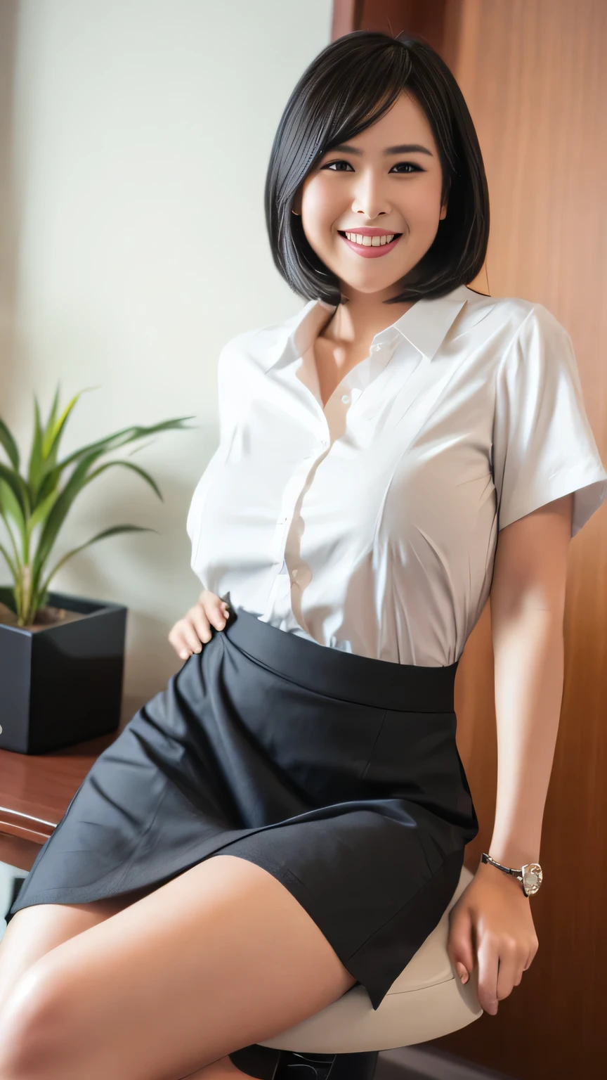 1 Japanese female,OL、office、Mid Shot、shiny skin,smile、Lovely smile、Laughing with your mouth open、Office attire、Black Hair、Business shirts、Tight shirt、Large bust、A little chubby、Grey tight skirt、mini skirt、panties、Black Hair、pumps,highest quality,Very delicate and beautiful 8K,Very high resolution,,Beautiful detailed girl,realistic、Inside the office、officeのSit on a chair、computer desk、Beautiful appearance、Sit on a chair、Spread your legs、Spread your legs、panties、I can see your thighs、