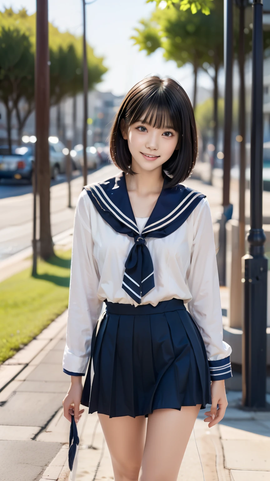 (((Bathing on the beach))),(((Japanese女性))),Women's College,Age 15,(beautiful black bob cut:1.2),beautiful,light in eyes,(thighs),slender body,(Japanese),(((cute face))),big smiles,((draw the face accurately)),Beautiful and big breasts,(best quality),(8k),(Ultra Fine),(reality:1.37),(detailed eyes and face:1.3),professional photography techniques,(detailed hands:1.1),((Beautiful hair blowing in the wind:1.2)),Long distance shooting,(((sailor suit))),skirt,barefoot
