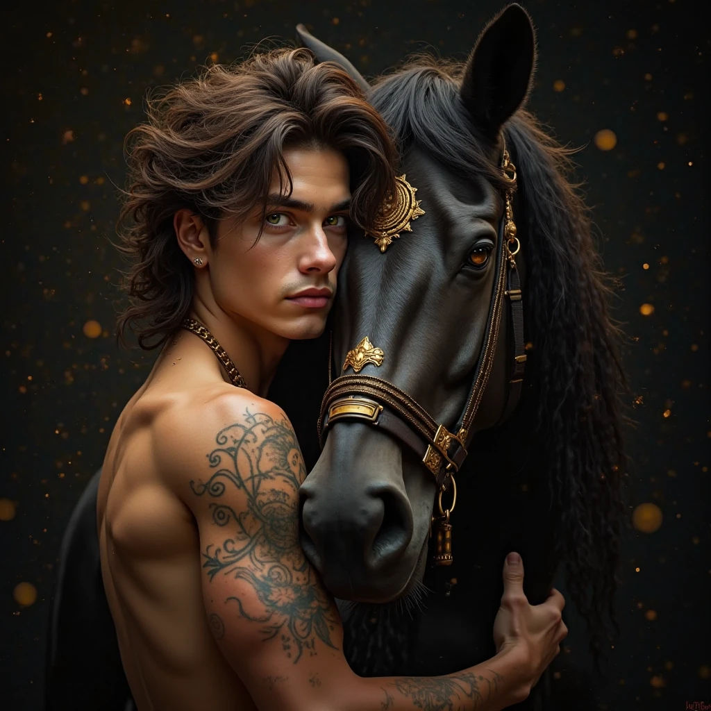 full body long shot, wide shot, a beautiful man with long hair and bright piercing blue eyes, standing next to his horse in the style of Artgerm, detailed oil painting portrait, perfect face features, wearing gold jewelry, blue background, yellow lighting, black head dress on top of his mane.