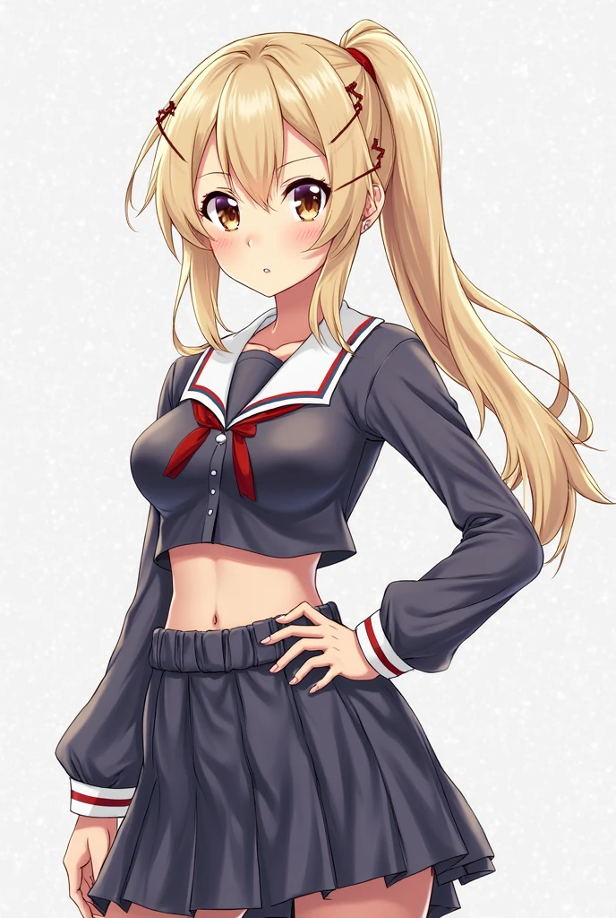 (((Highest quality、8k、masterpiece：1.5)))、(Slanted Eyes、Summer uniform、Pleated skirt、White panties、13 years old))、Cowboy Shot、Blonde、Takanashi Tsubasa、Simple Background、Dynamic pose