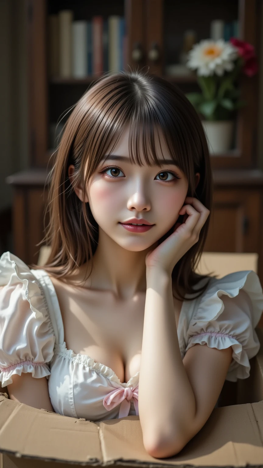 masutepiece, Best Quality, Illustration, Ultra-detailed, finely detail, hight resolution, 8K Wallpaper, Perfect dynamic composition, Beautiful detailed eyes, Natural Lip, Cute pajamas, Small breasts, Random sexy poses,Bun hair,Raw photo,cute🩷,ssmile