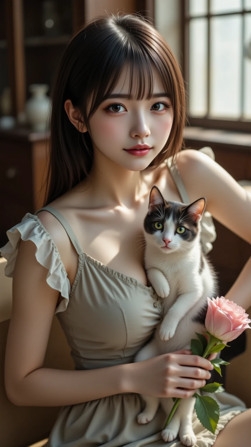 Best Quality, (Photorealistic:1.2), Hyper-Resolution, Three Women，long brown hair，long legged，Ultra-realistic 8K CG，face perfect，flawless perfection，Colossal tits，Huge breasts，drooping chest，slim，being thin，swollen breasts，crisp breasts while breastfeeding，lactation，small breasts with rounded upturn， huge big breasts、Happy look、Very smiling、hug a cute cat、With a cat、Cats、On the terrace of the café、Winter clothes、turtle neck、