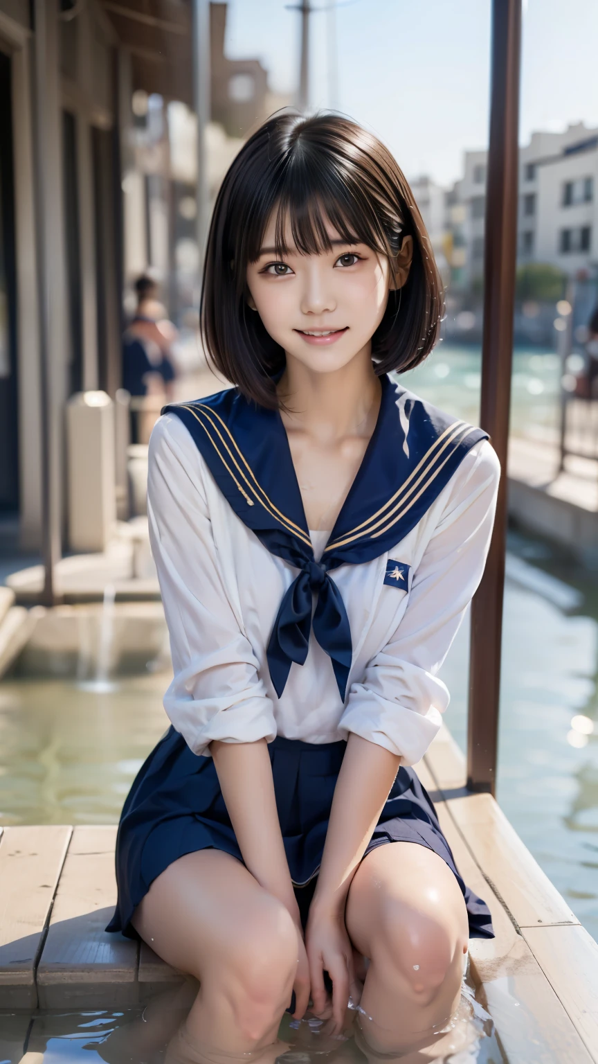 (((Bathing on the beach))),(((Japanese女性))),Women's College,Age 15,(beautiful black bob cut:1.2),beautiful,light in eyes,(thighs),slender body,(Japanese),(((cute face))),big smiles,((draw the face accurately)),Beautiful and big breasts,(best quality),(8k),(Ultra Fine),(reality:1.37),(detailed eyes and face:1.3),professional photography techniques,(detailed hands:1.1),((Beautiful hair blowing in the wind:1.2)),Long distance shooting,(((sailor suit))),skirt,barefoot