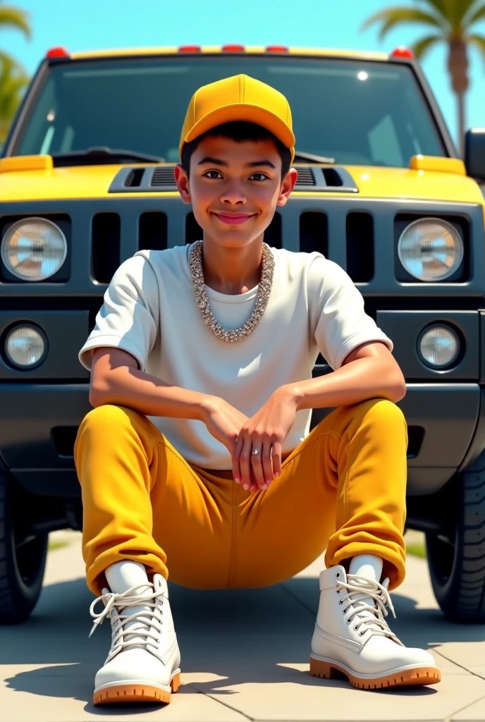 there is a young boy sitting on the ground with a skateboard, yellow backdrop, boy, mid shot portrait, modeling shoot, , yellow clothes, yellow overall, boys, wearing yellow croptop, cute boy, young boy, smooth in _ the background, casual photography, yellow hue, music video, solo photoshoot, yellow theme, on a yellow canva