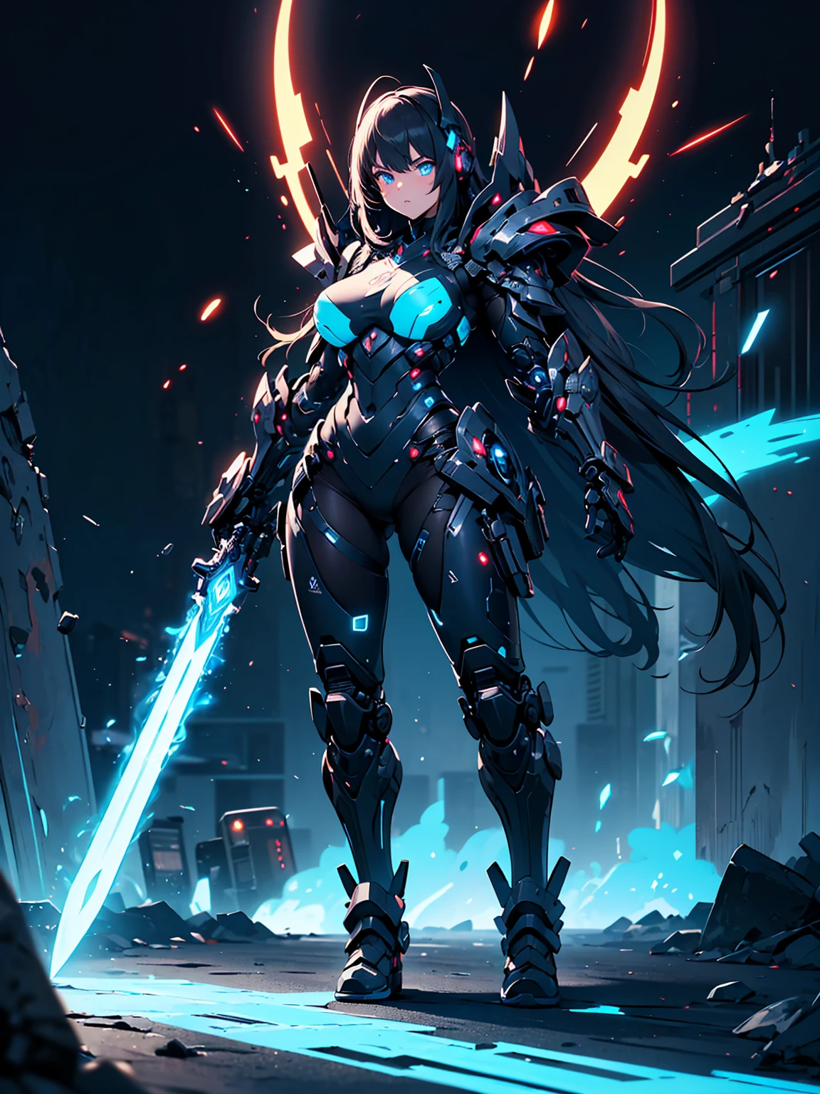 A colossal robot standing in the midst of a violent thunderstorm. The robot has a powerful and intimidating presence with a sleek, armored body in shades of dark blue and red. Its eyes are glowing brightly, and a radiant energy core is visible on its chest. Lightning bolts are striking around and onto the robot, illuminating the scene with intense, dramatic light. The robot’s cape is tattered and flutters in the fierce wind. The background is filled with dark, stormy clouds, with occasional bursts of lightning cutting through the sky. The overall atmosphere is intense and electrifying, conveying a sense of epic power and dominance.