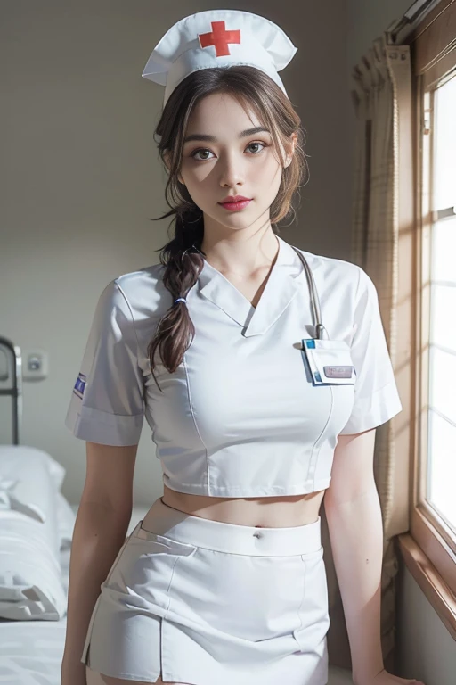(Highest quality, masterpiece:1.3), ((Beautifully detailed face)), Beautiful and detailed skin, Intricate details, Very detailed, Best image quality in 8K, (18 year old girl:nurse,White nurse uniform,mini skirt,I don't wear a hat:1.4),Japanese girl,Baby Face,(Detailed Hair,Bobcut:1.4,Black Hair),Detailed lips,Open your mouth,(Hospital room,bed,Seduce the patient),blush,Embarrassing,Realistic Face,Realistic Skin,(sexy:2.0,Clothes are disheveled),(Vibrant Skin,Moisturized Skin:1.2),Vivid lips,Lip gloss