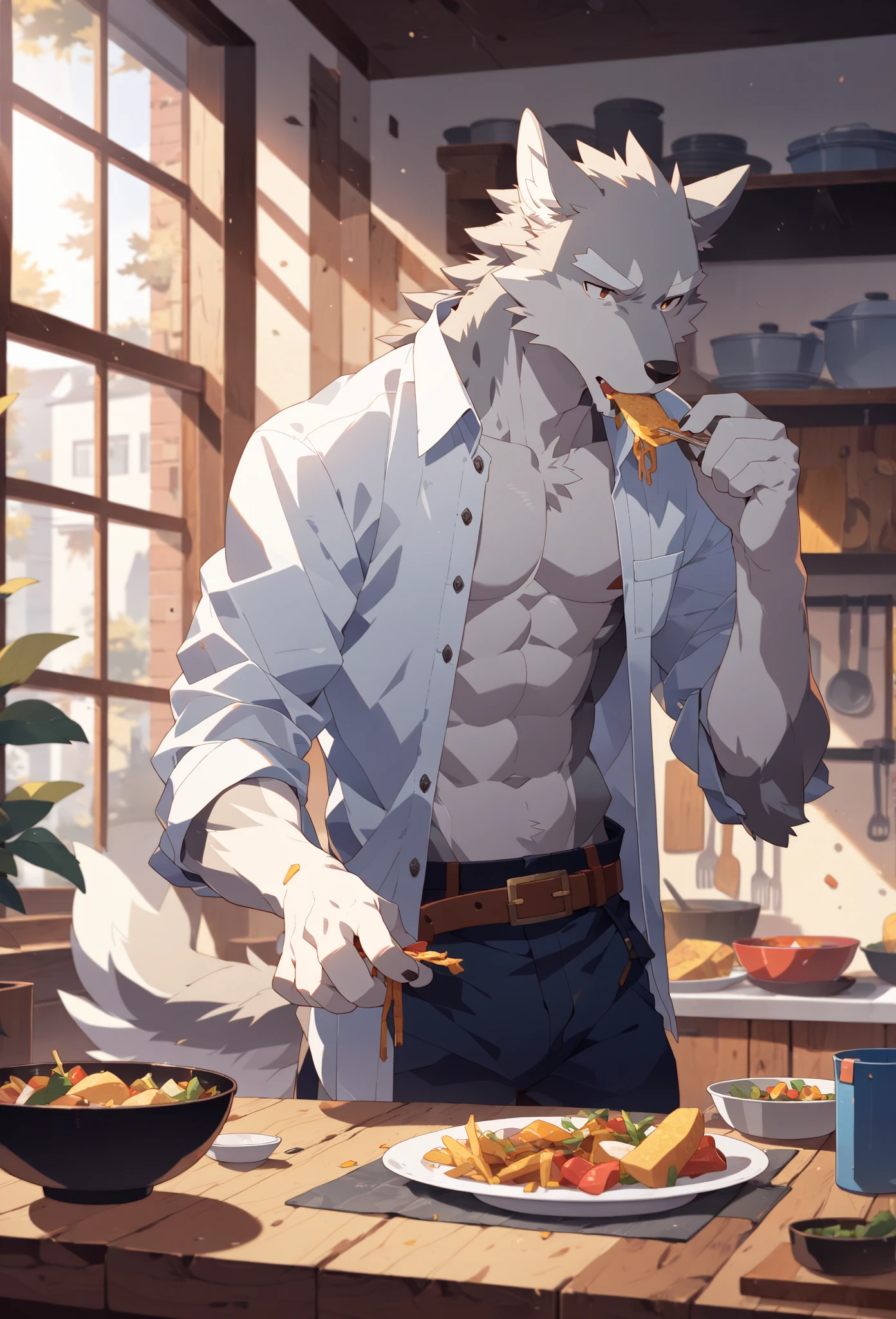canid, canids, wolf, by zixiong,
solo, anthro, male, (white fur, white body, white eyebrows),
clothed, open topwear, open shirt, white shirt, belt, pants,
blue eyes, humanoid hands, food, eating,
inside, kitchen, window, sunlight, plants,
detailed background, masterpiece, best quality,